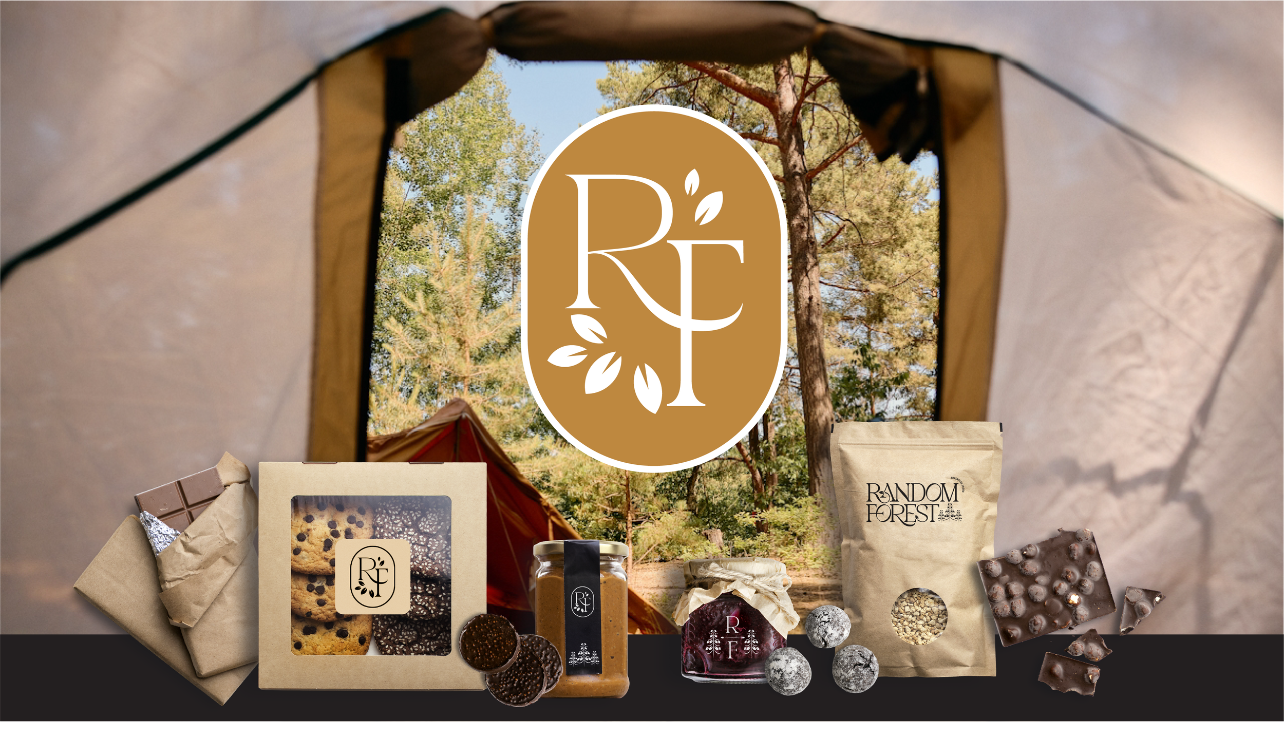 Assorted jars and chocolate with packaging featuring a logo, set against a forest image.