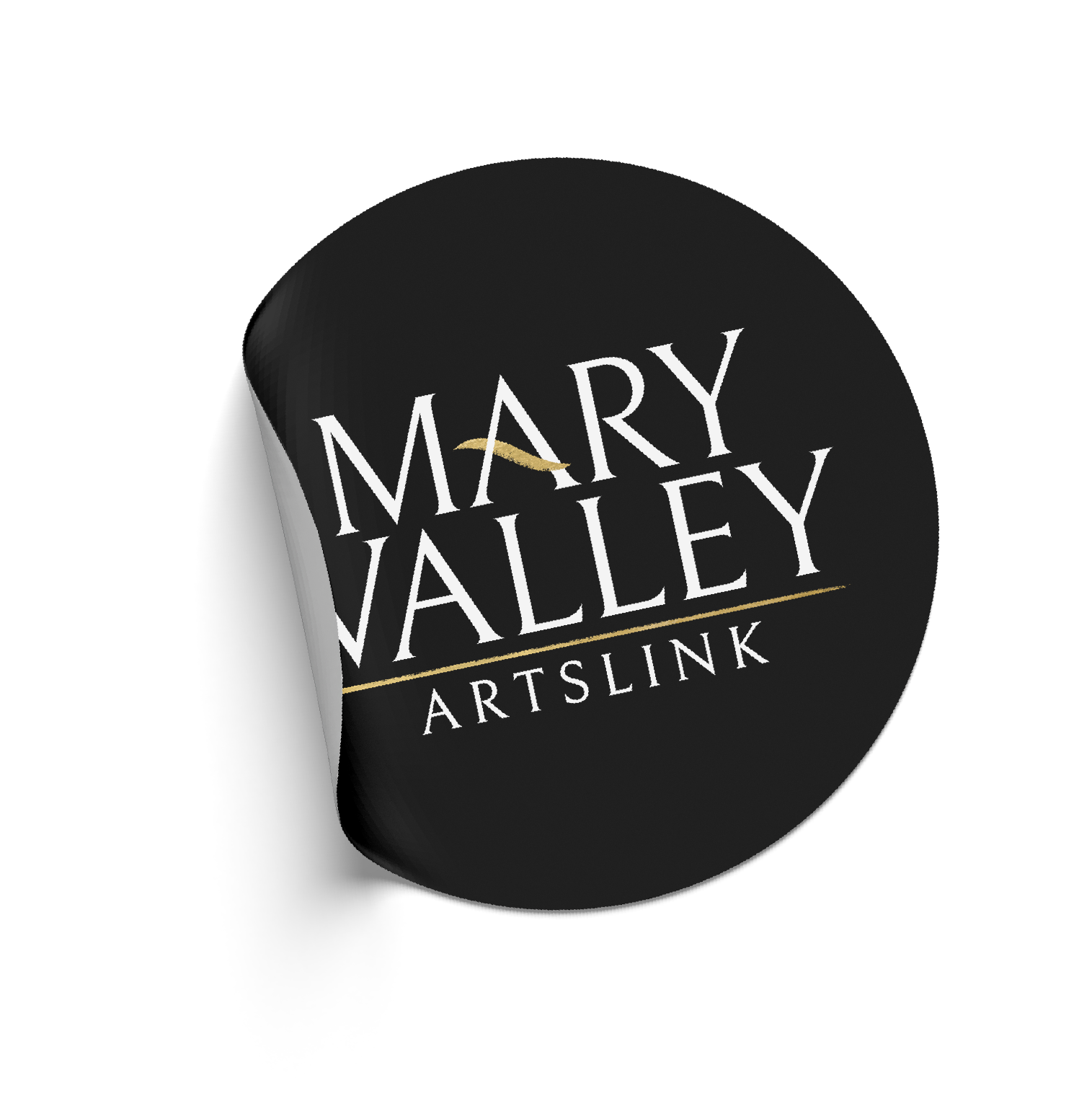 Black circular button with white text that reads 'Mary Valley Artslink' and a small gold accent.