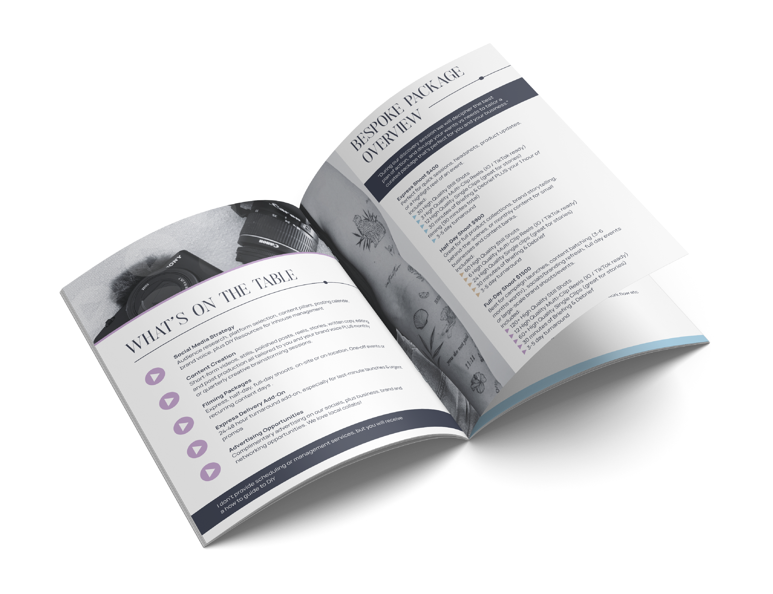Open magazine displaying a section titled 'What’s on the Table' with bullet points about social media strategy, content creation, filming packages, express delivery, and advertising opportunities; two camera lenses and a camera are visible on the nearby table.