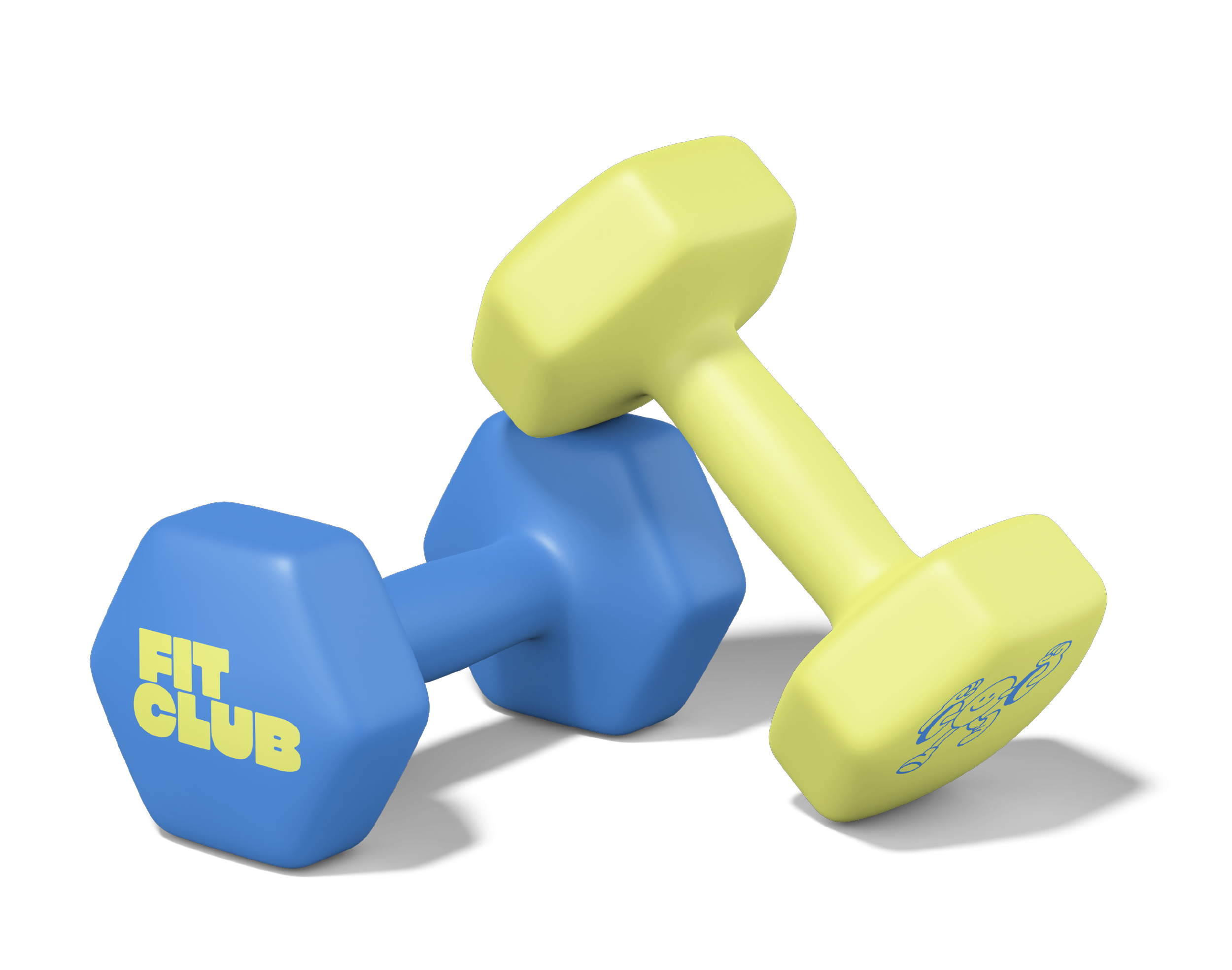 A set of colorful dumbbells with one blue and one yellow, labeled 'FIT CLUB' and a cartoon character.