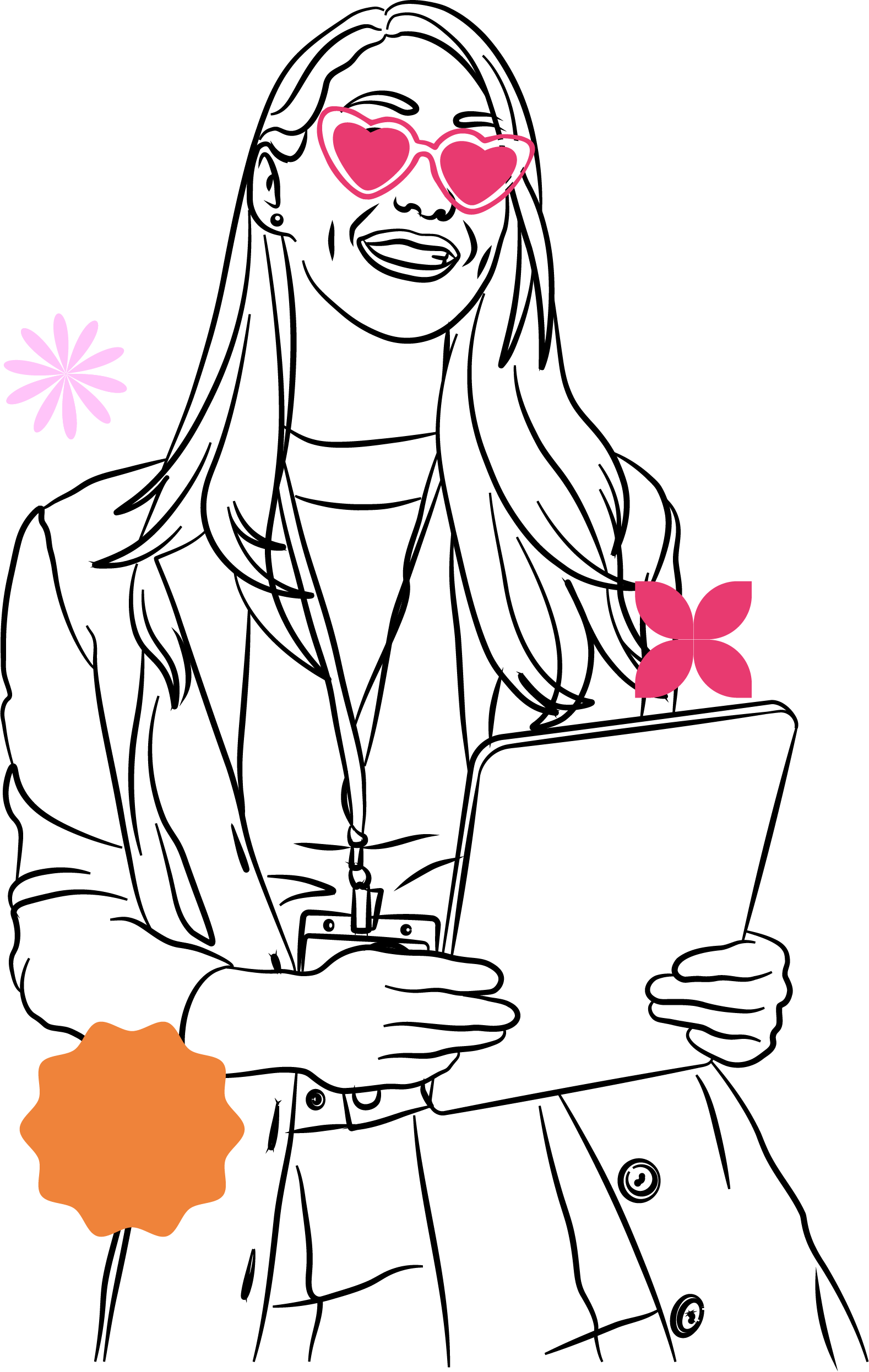 Text saying "Always wear your sunglasses" with illustrations of pink sunglasses, a pink flower, a pink butterfly, and an orange sun.