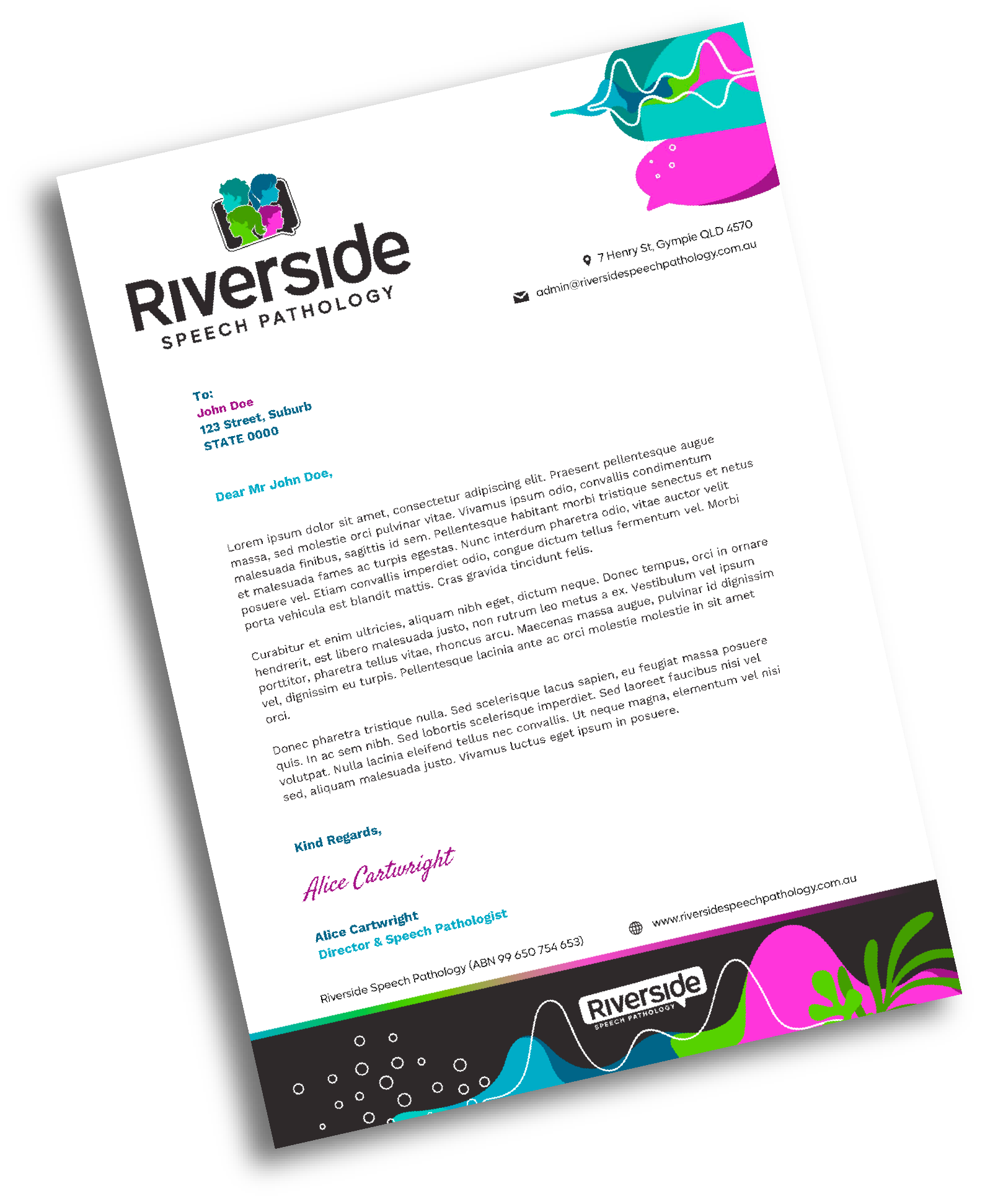 A letter from Riverside Speech Pathology with colorful graphics, including a group of people icons in the logo, and abstract shapes with pink, blue, green, and teal colors at the bottom.