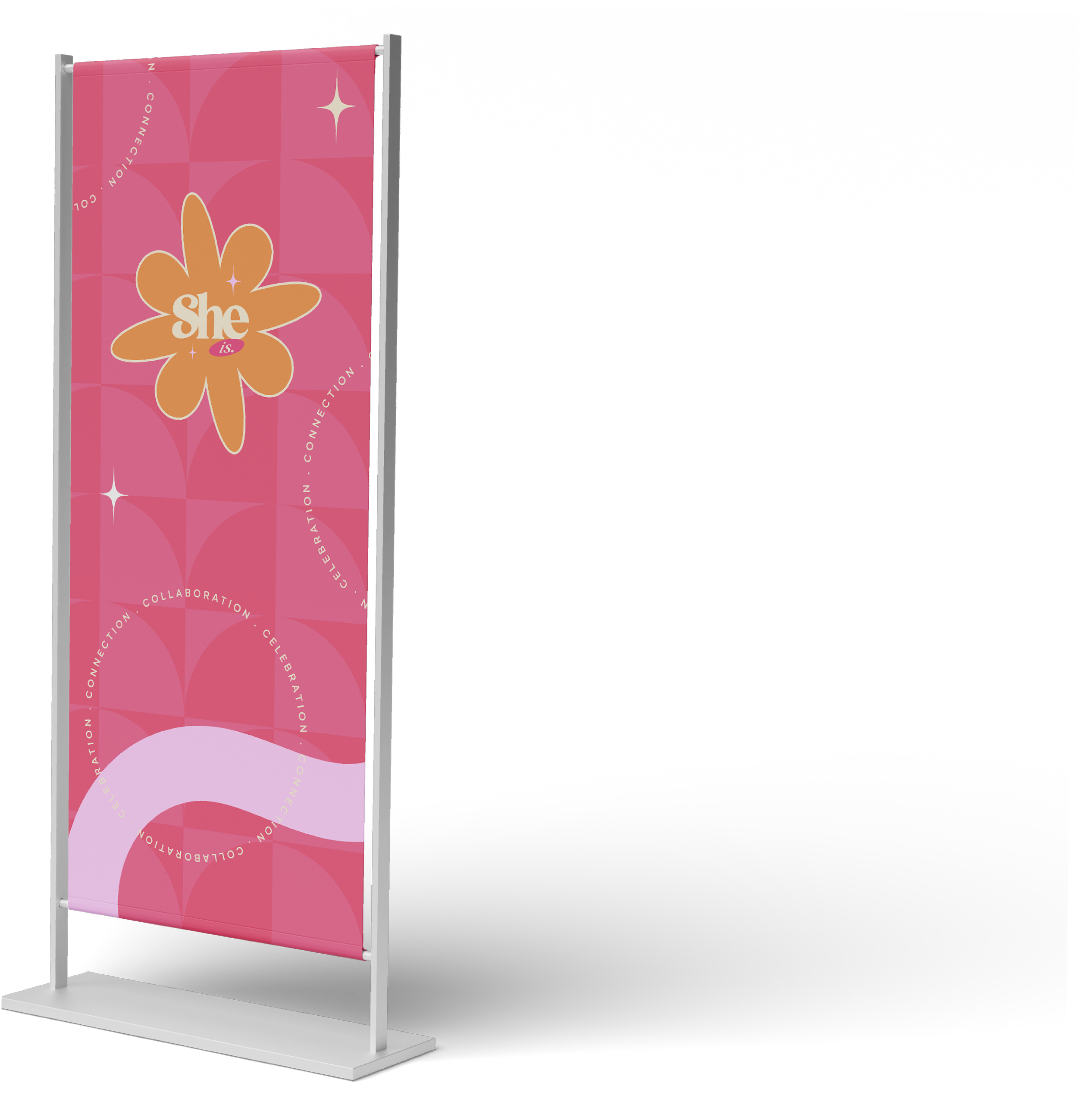 A pink vertical banner with the words "She is" inside a flower graphic, surrounded by the words "connection," "collaboration," and "celebration."