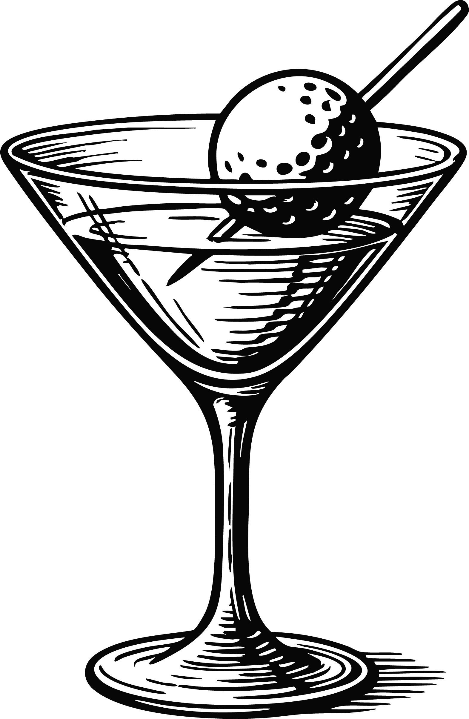 Drawing of a cocktail glass with an olive garnish on a toothpick.