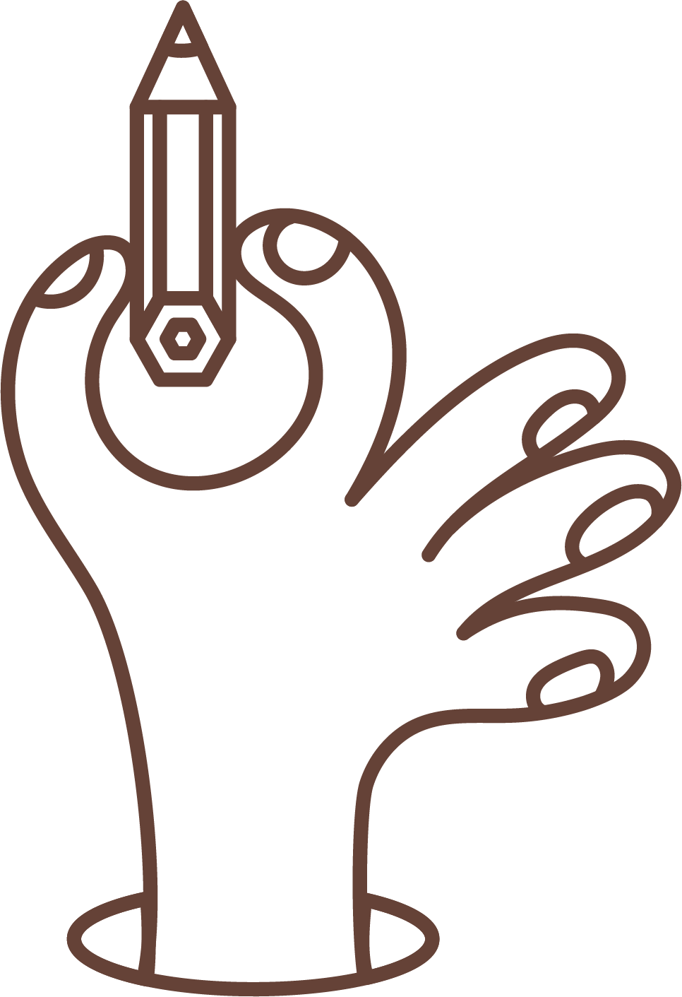 Minimalist line drawing of a hand holding a pencil, with an eraser on top, poised to write or draw.