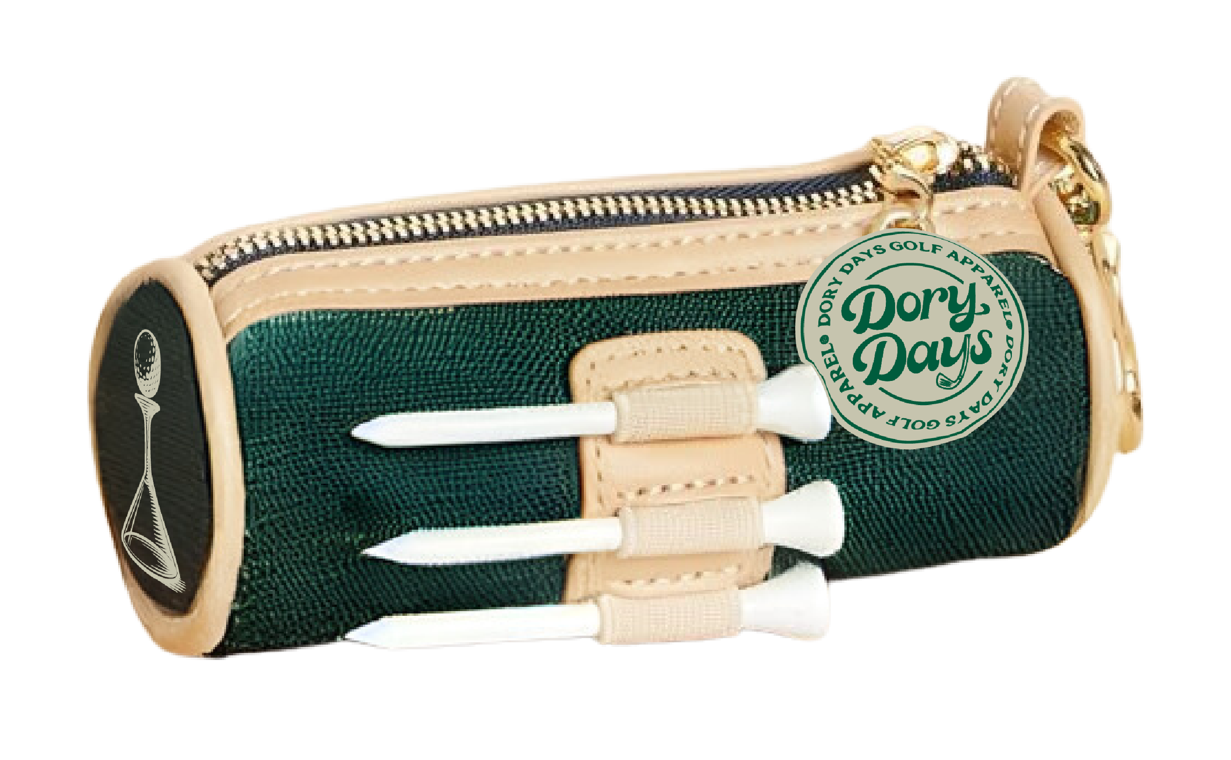 Golf ball marker and three golf tees inside a green and beige golf accessory pouch with a zipper, label, and branding reading "Dory Days".
