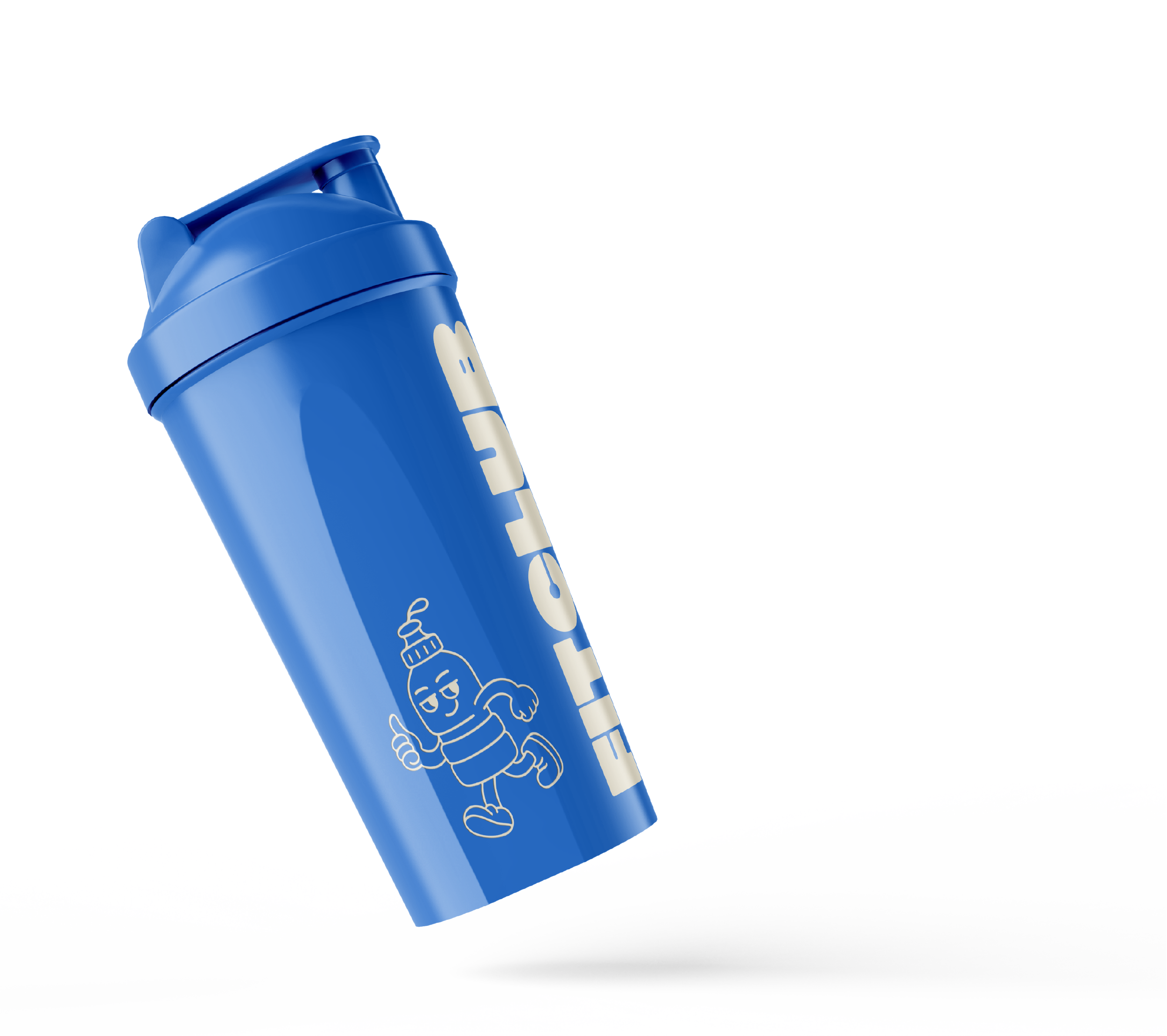 Blue plastic tumbler with a cartoon robot drinking a milkshake and the word 'BETCH' printed vertically on it. The tumbler is slightly tilted, with a white background.