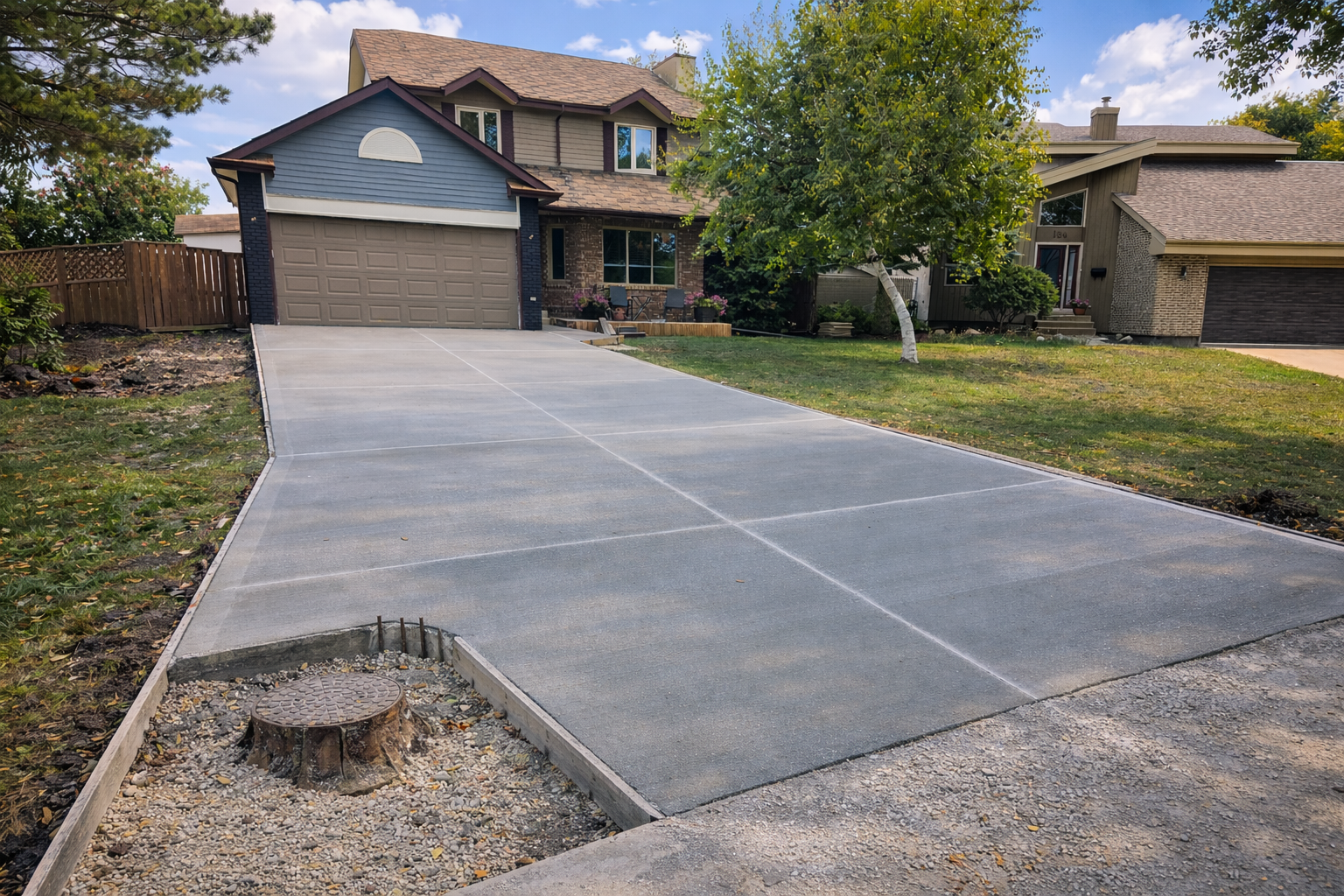 Newly poured concrete driveway leading to a house with a gray and brown exterior, trees, and a lawn on either side.