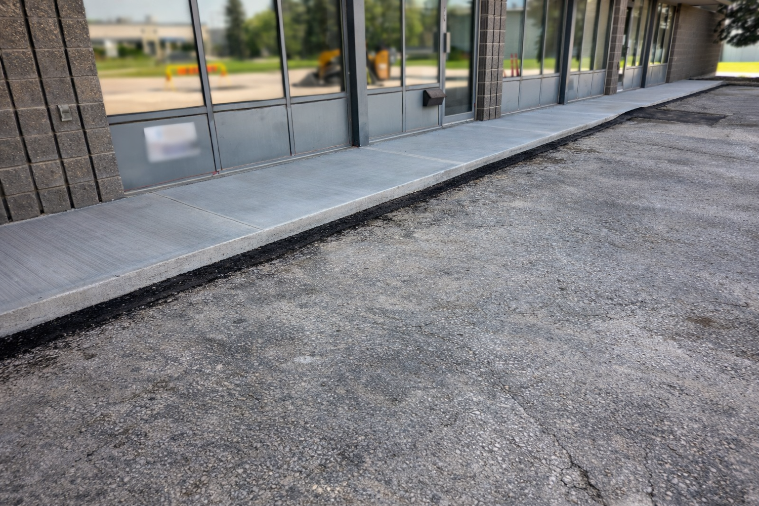 Sidewalk in front of a commercial building with glass windows and brick walls, showing a freshly paved patch of asphalt and a concrete curb.