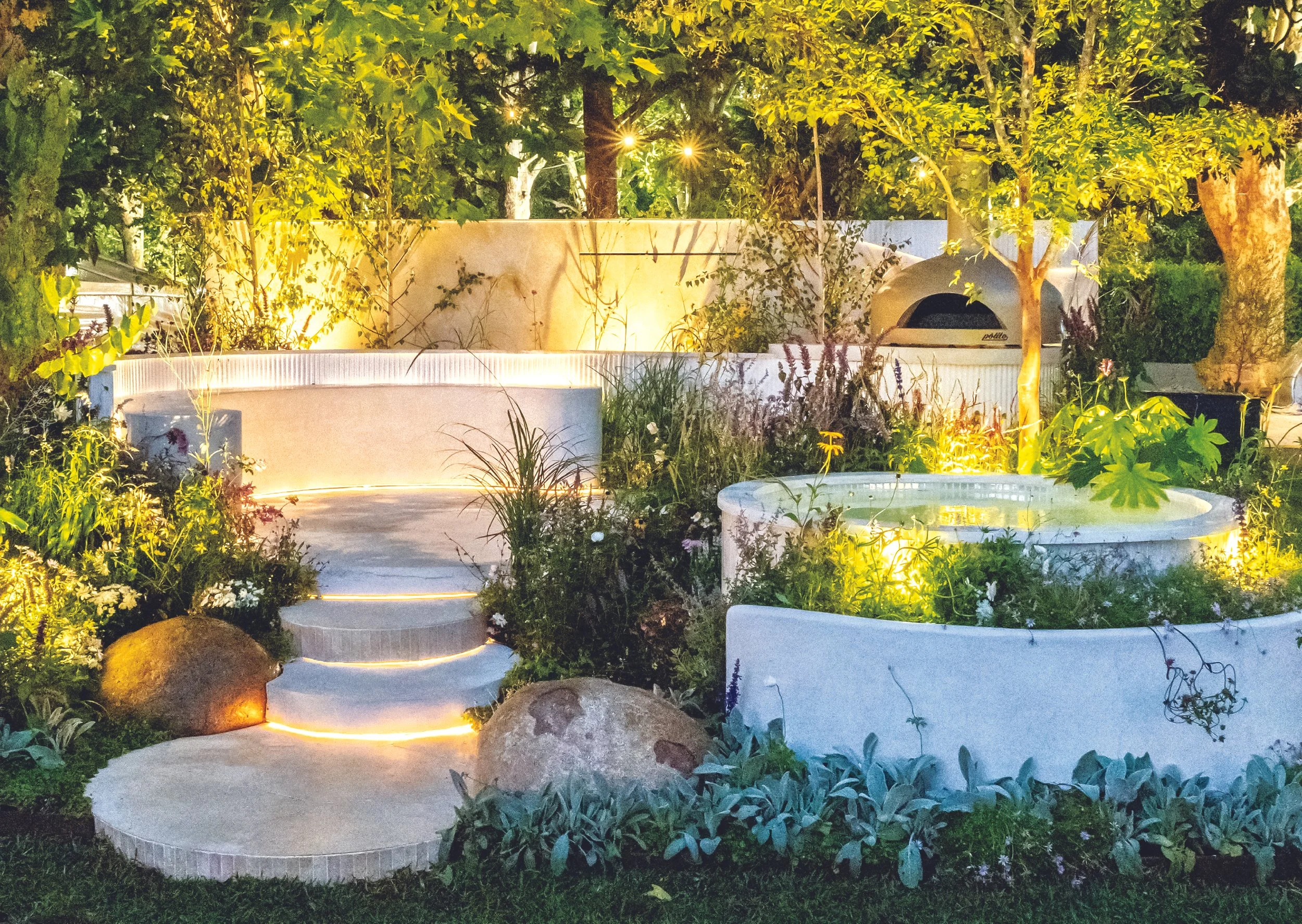 Garden lit at night