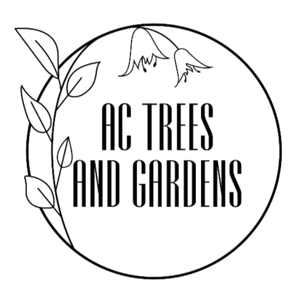 Logo for AC Trees and Gardens featuring a circle with a branch and leaves on the left and flowers at the top, with the text 'AC Trees and Gardens' inside the circle.
