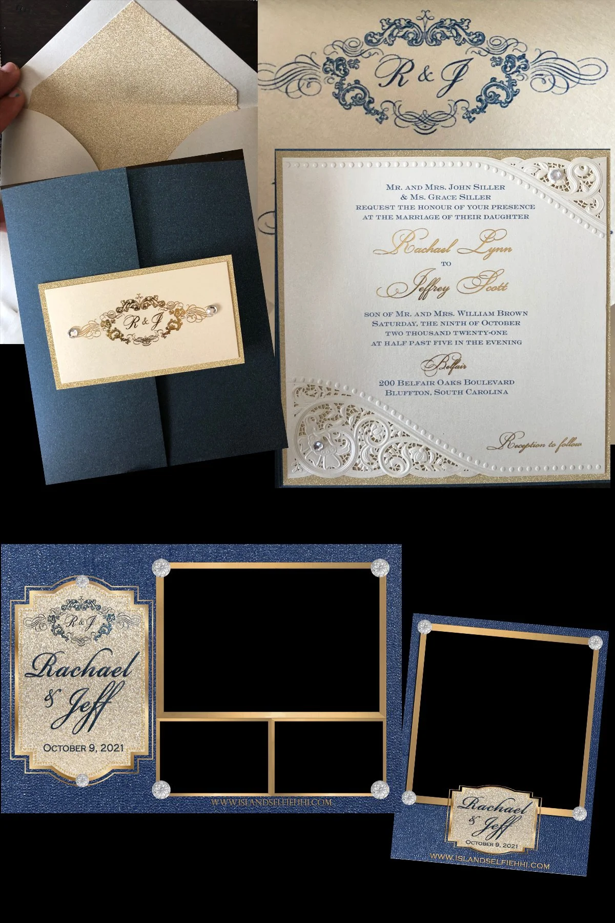 The image features a wedding invitation suite with elegant, decorative designs. Included are a main invitation card with details of a wedding jewelry pieces, and a photo frame or embellishment with the couple's names and wedding date. The color scheme is gold, white, and navy blue with ornate and intricate patterns.