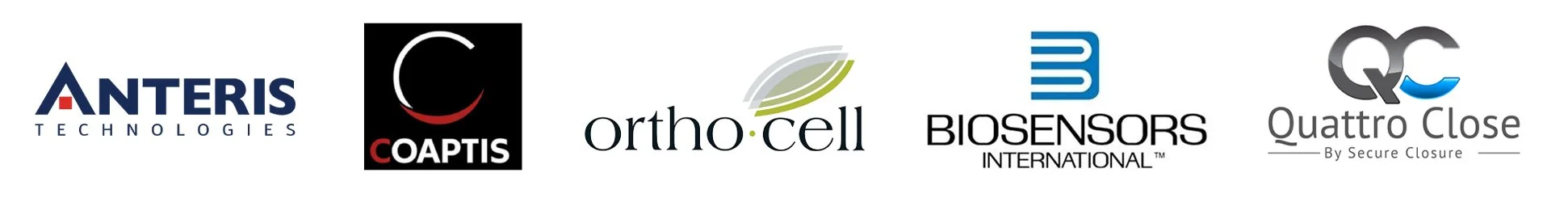 Collection of logos from different medical and biotech companies including Anteris Technologies, Oaptis, OrthoCell, Biosensors International, and Quattro Close.