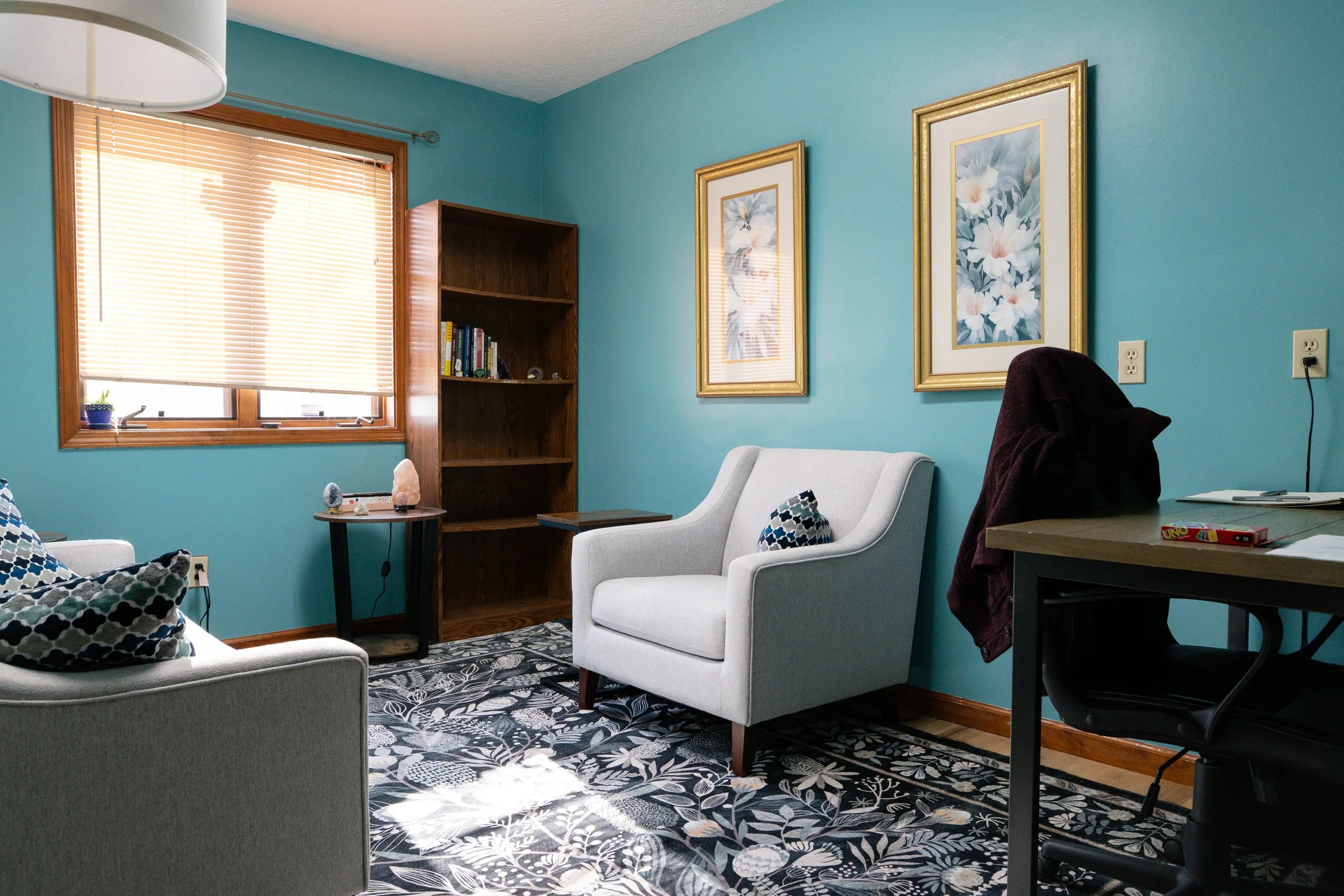 Spacious furnished counseling and wellness office for rent at MindSpace Collective in Bloomington, ideal for therapists, psychologists, and massage therapists.