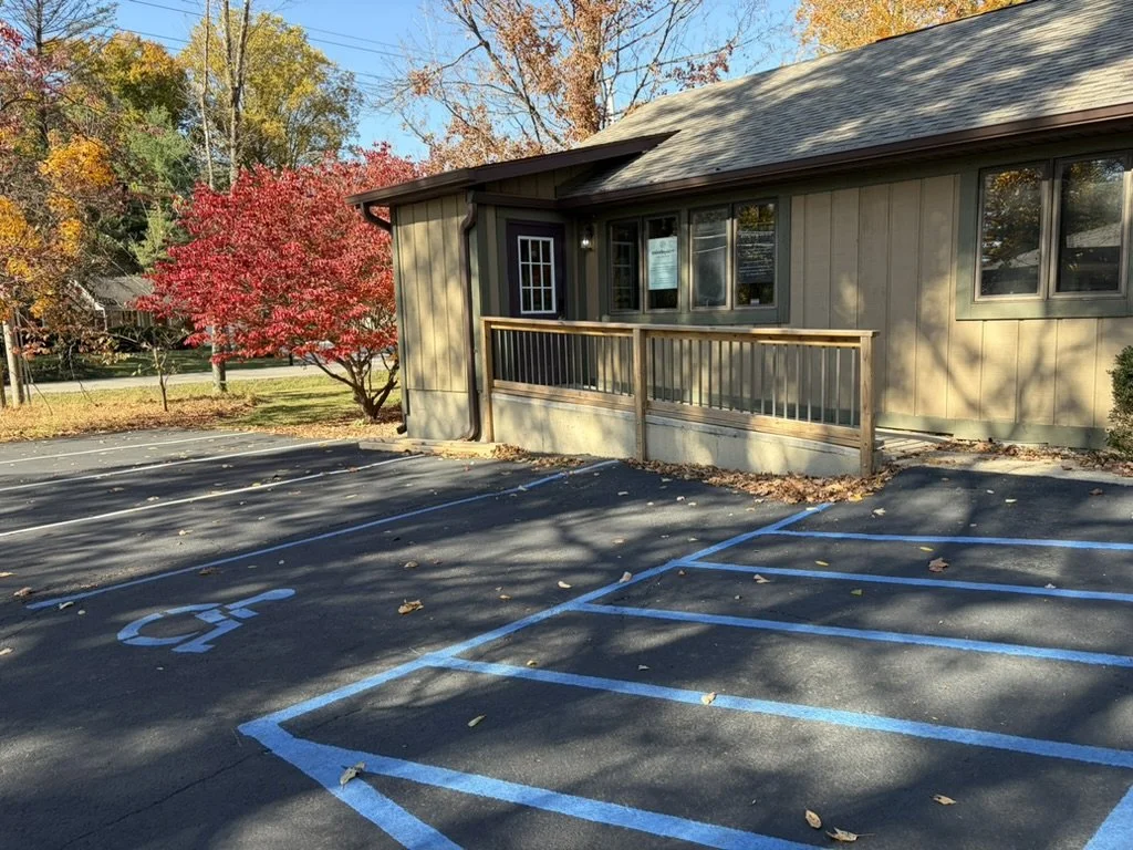 Accessible parking and ramp at MindSpace Collective, Bloomington coworking and therapy office rental space.