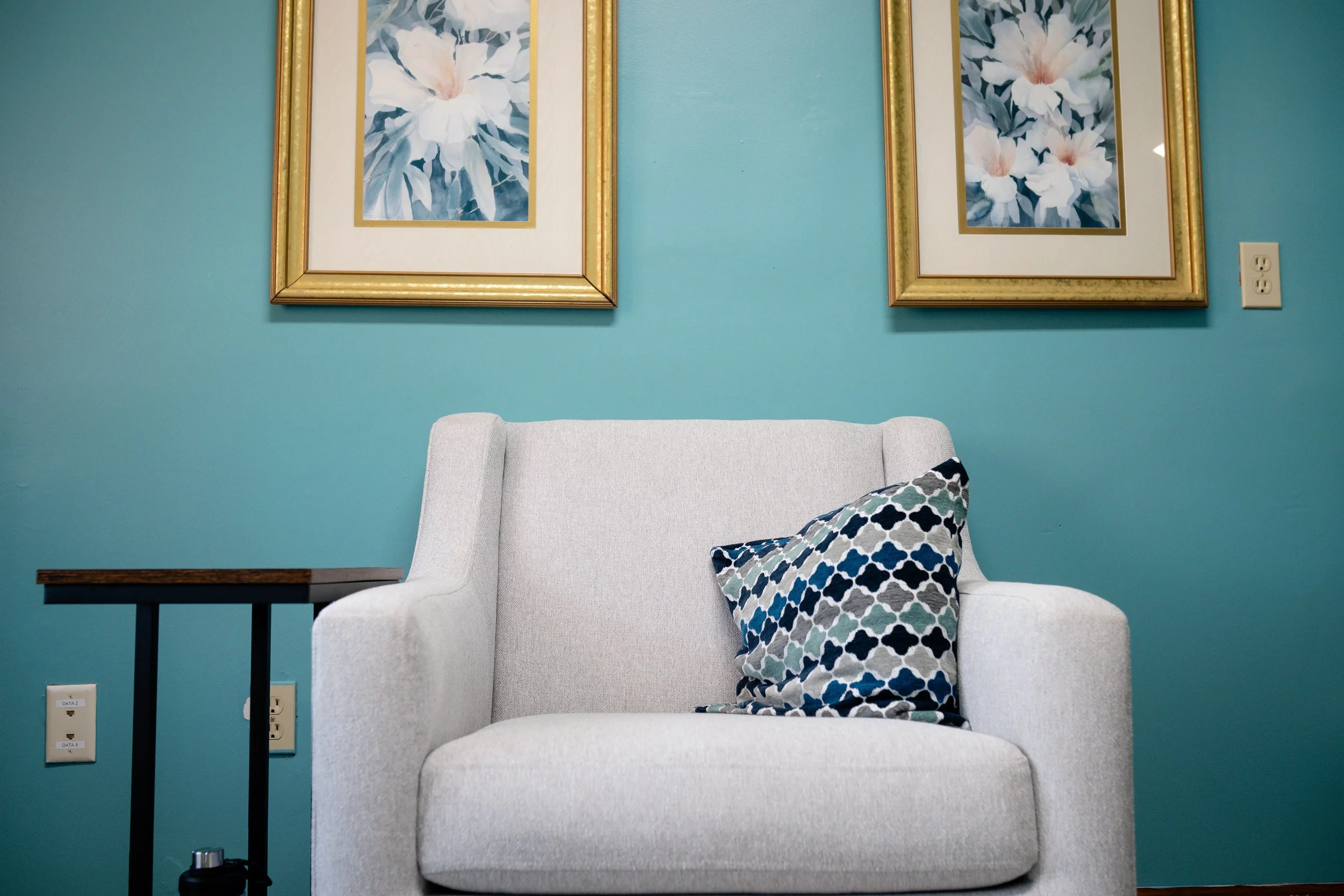 Furnished therapy office at MindSpace Collective available for counselors, wellness providers, and private practice professionals in Bloomington