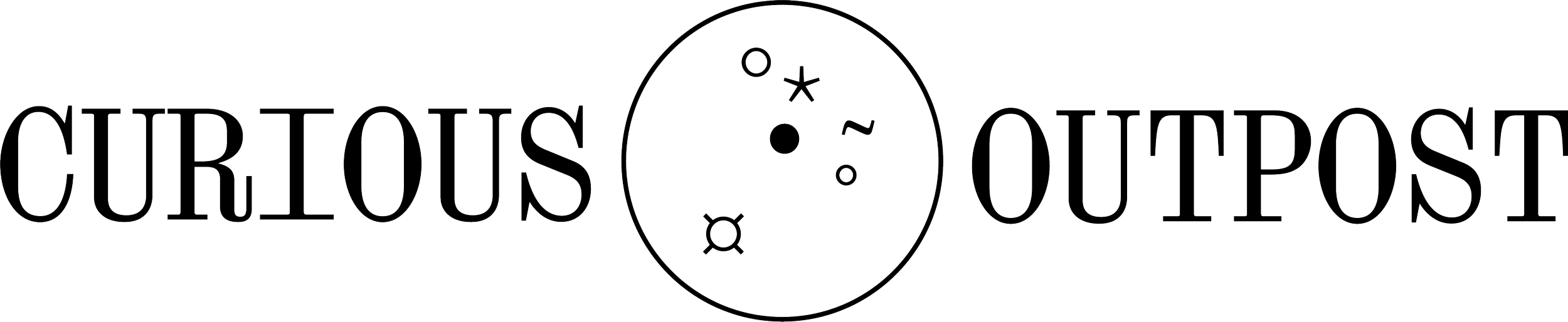 Text that reads 'CURIOUS OUTPOST' with a circle in the center containing various small symbols.
