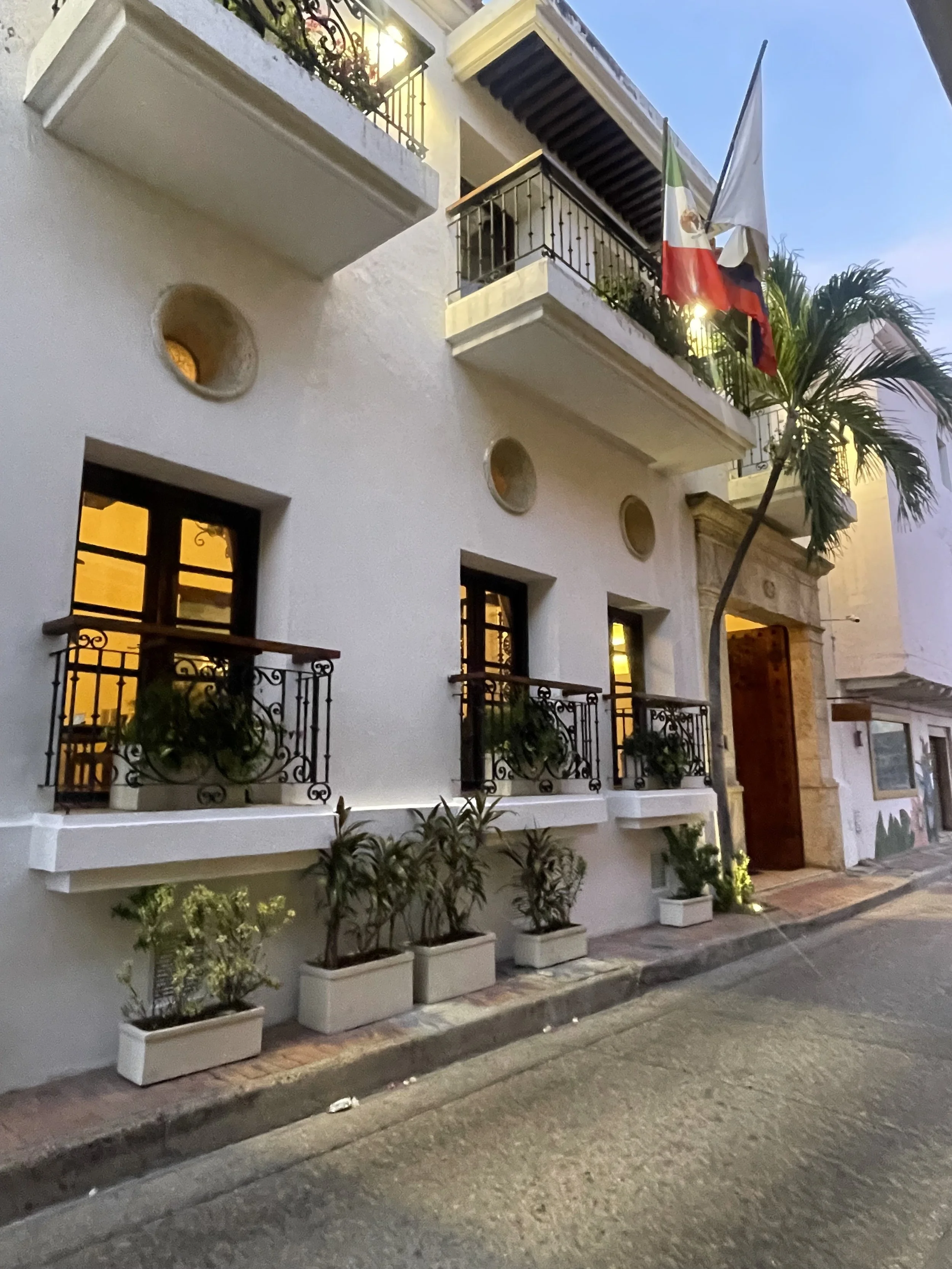 The image shows a multi-story building with a white facade, illuminated windows, and a small balcony with potted plants. There are four potted plants on the ground level below the balcony, and a palm tree beside the building. A flag with the colors g