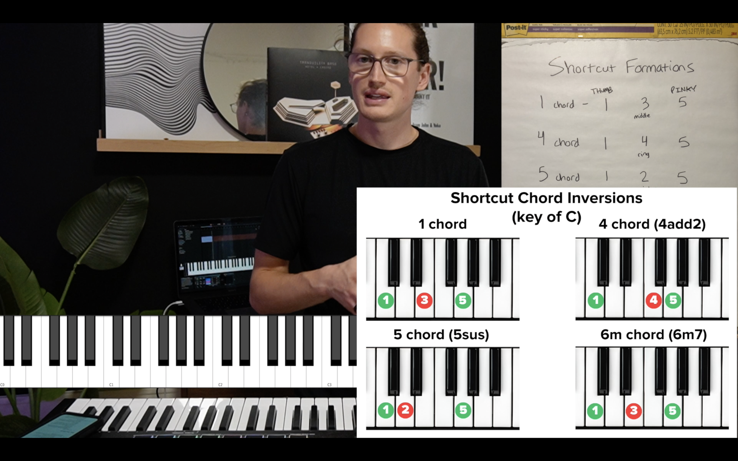 A man in a black shirt standing beside a keyboard and laptop computer, with a digital display of piano chords and finger placements on the screen. There is a whiteboard with handwritten notes about guitar chord shortcuts and inversions, and a decorative mirror and plant in the background.