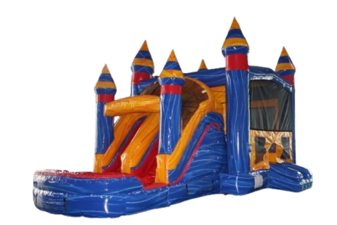 Sanitized royal blue and gold inflatable combo with dual lane slides for rent in College Station.