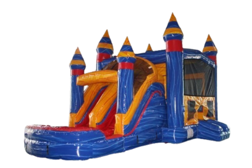 Clean blue and gold dual-lane castle combo with splash pool for Bryan-College Station events.