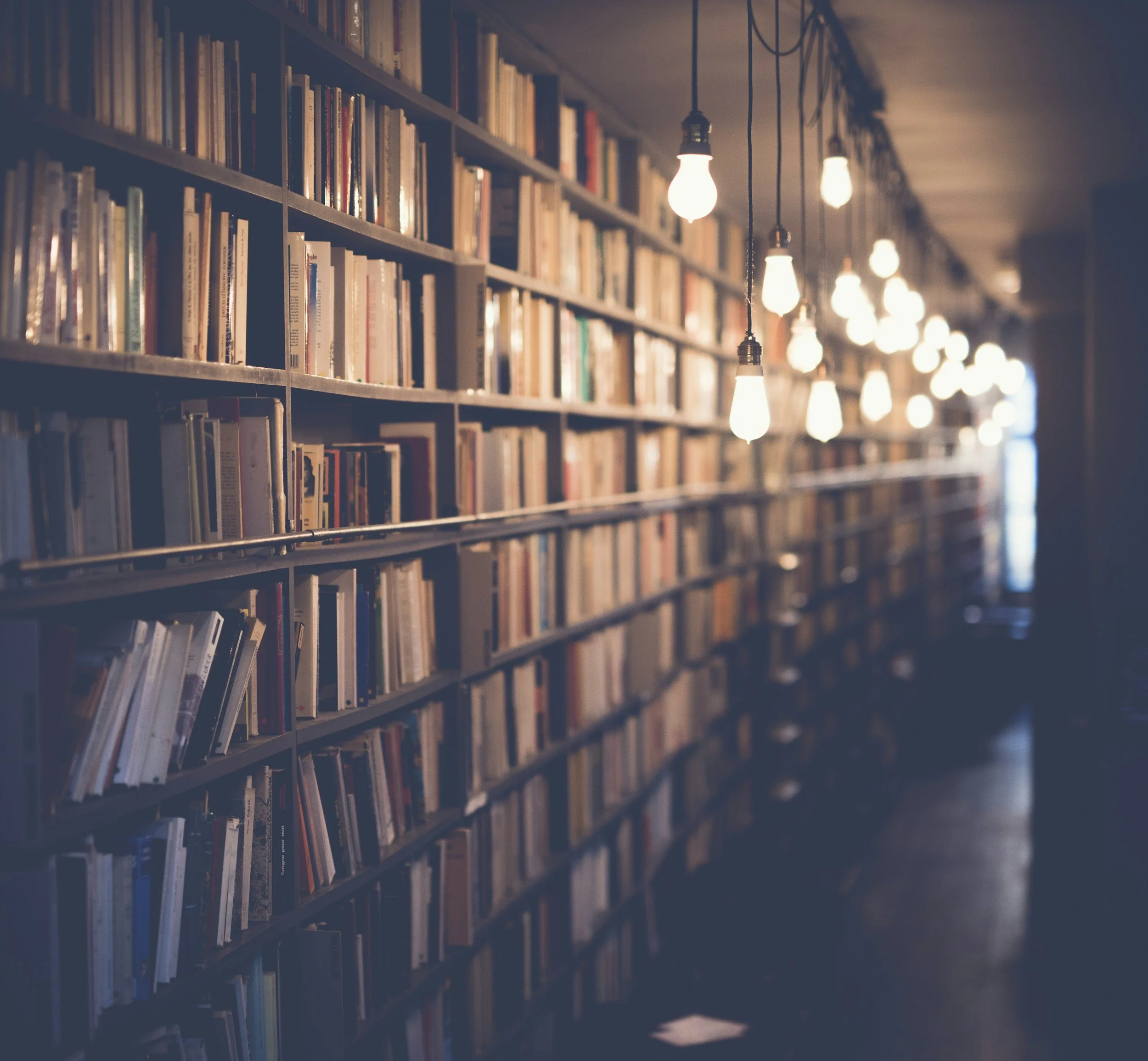 Row of bookshelves filled with books in a dimly lit library or bookstore, illuminated by hanging light bulbs.