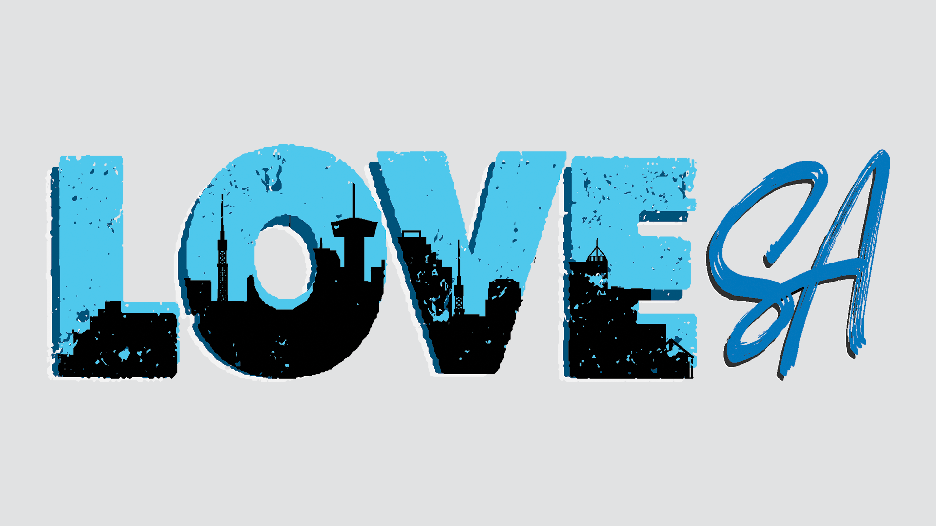 The word LOVE in bold capital letters with a city skyline silhouette inside the letters and an 'A' written in cursive on the right side.