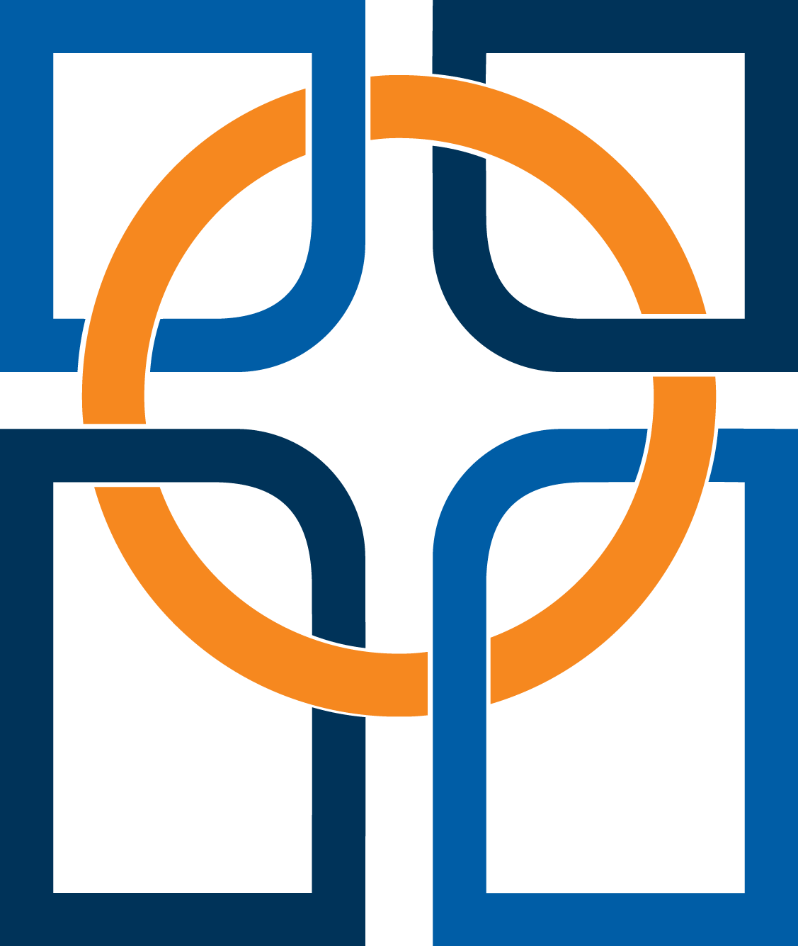A geometric abstract design with interlocking shapes in navy blue, orange, and black.