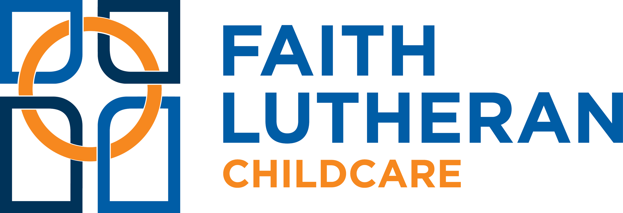 Logo for Faith Lutheran Childcare with interconnected blue squares and orange circle, the words 'Faith Lutheran Childcare' in blue and orange text.