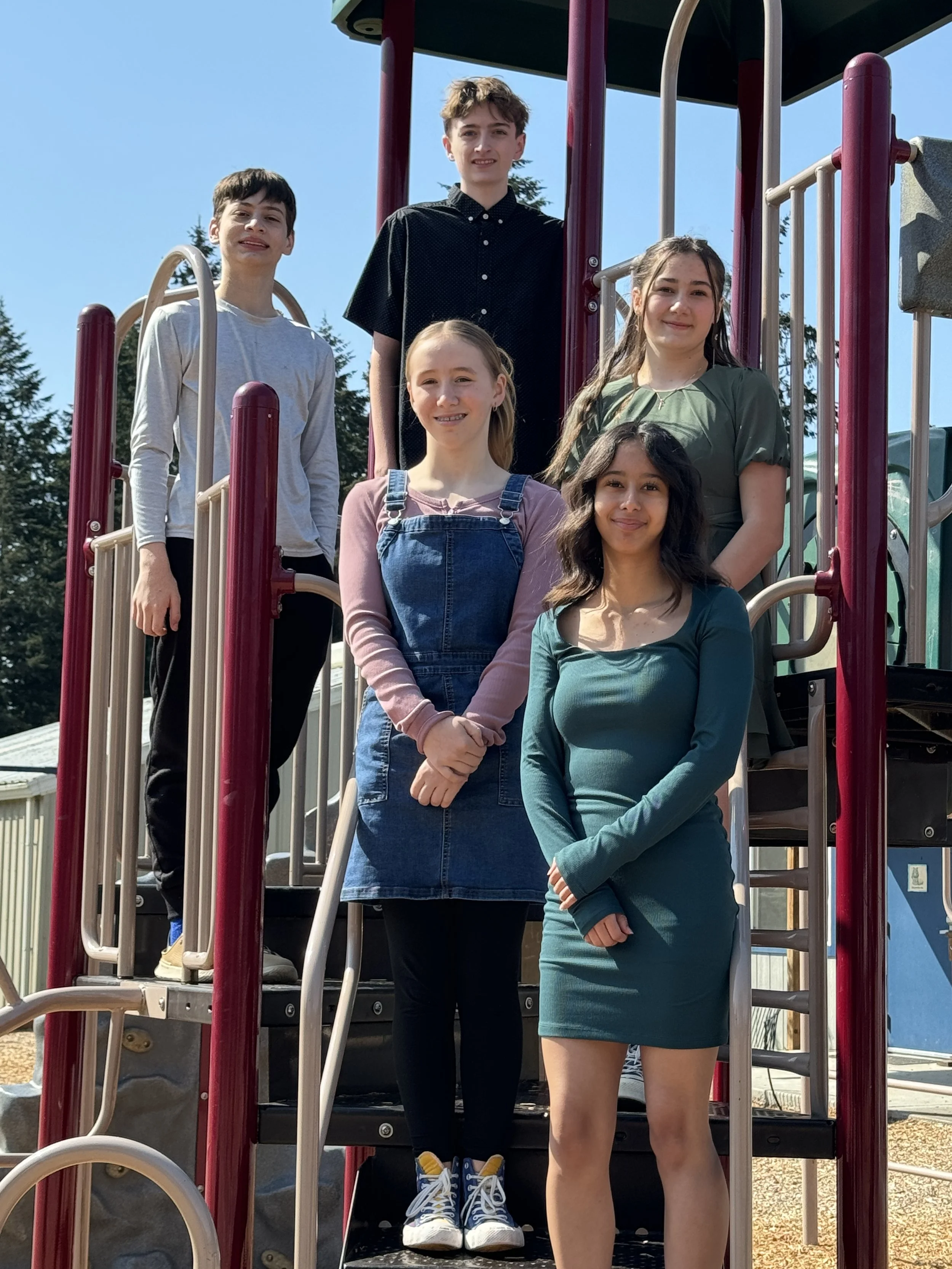 Six children standing and sitting on a playground structure. They are outdoors on a sunny day, with trees and a building visible in the background.