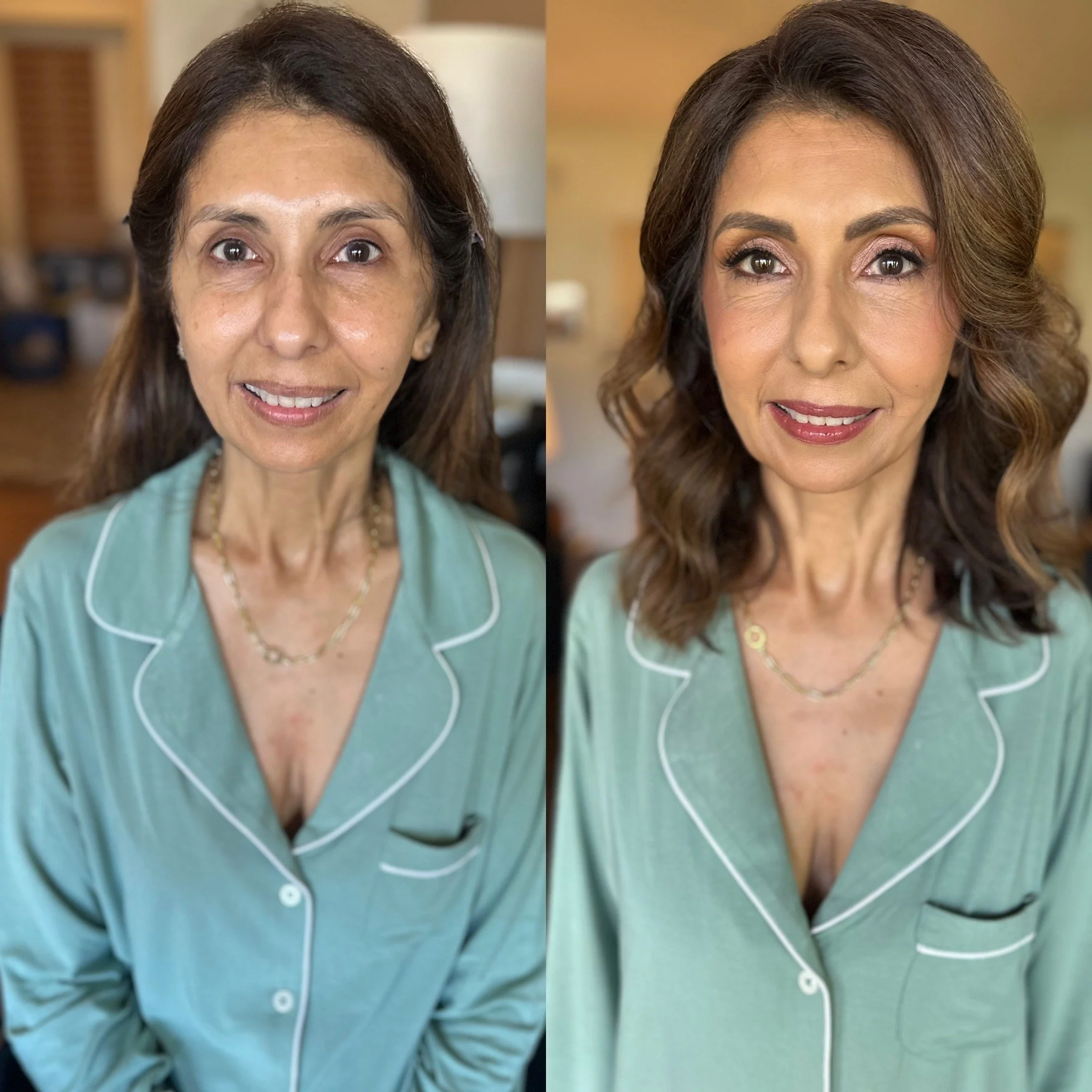 Before and after images of a woman with medium-length brown hair, wearing green pajamas with white piping, showing her transformation with makeup, skincare, and hairstyling.
