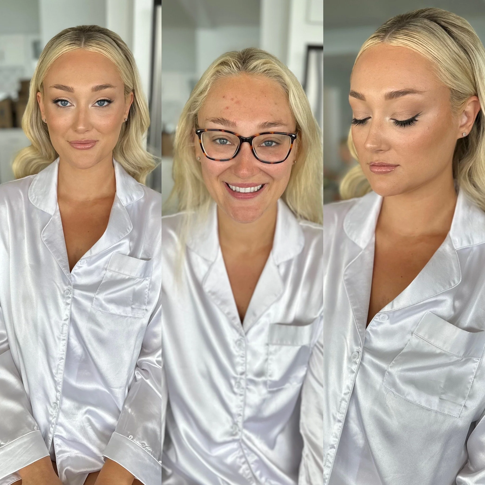 A woman in a white satin robe shown in three selfies: one with makeup done and styled hair, one with glasses and no makeup, and one with makeup and styled hair looking down.