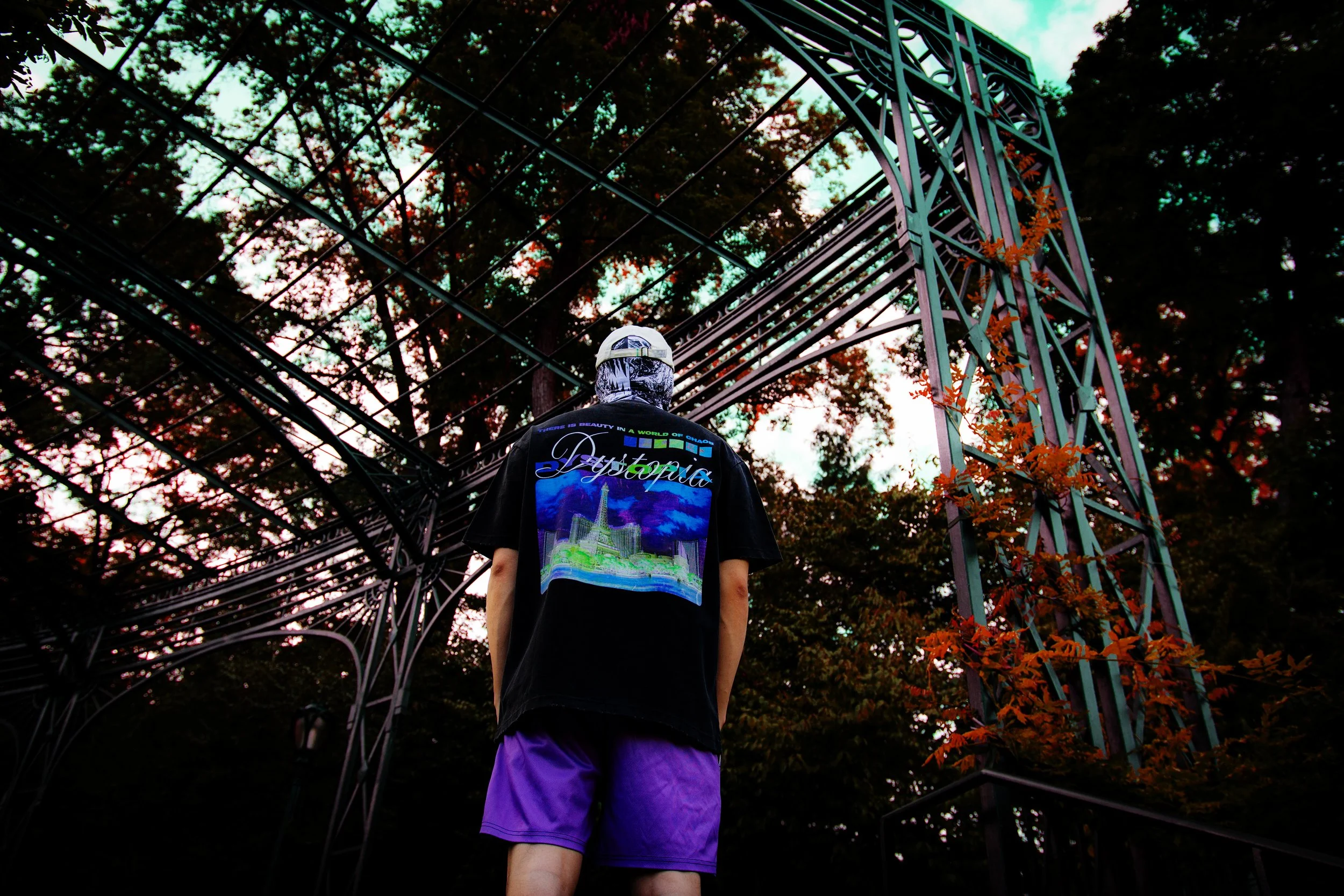 Person with a cap and a graphic T-shirt standing under a metal arch structure with trees in the background during sunset.