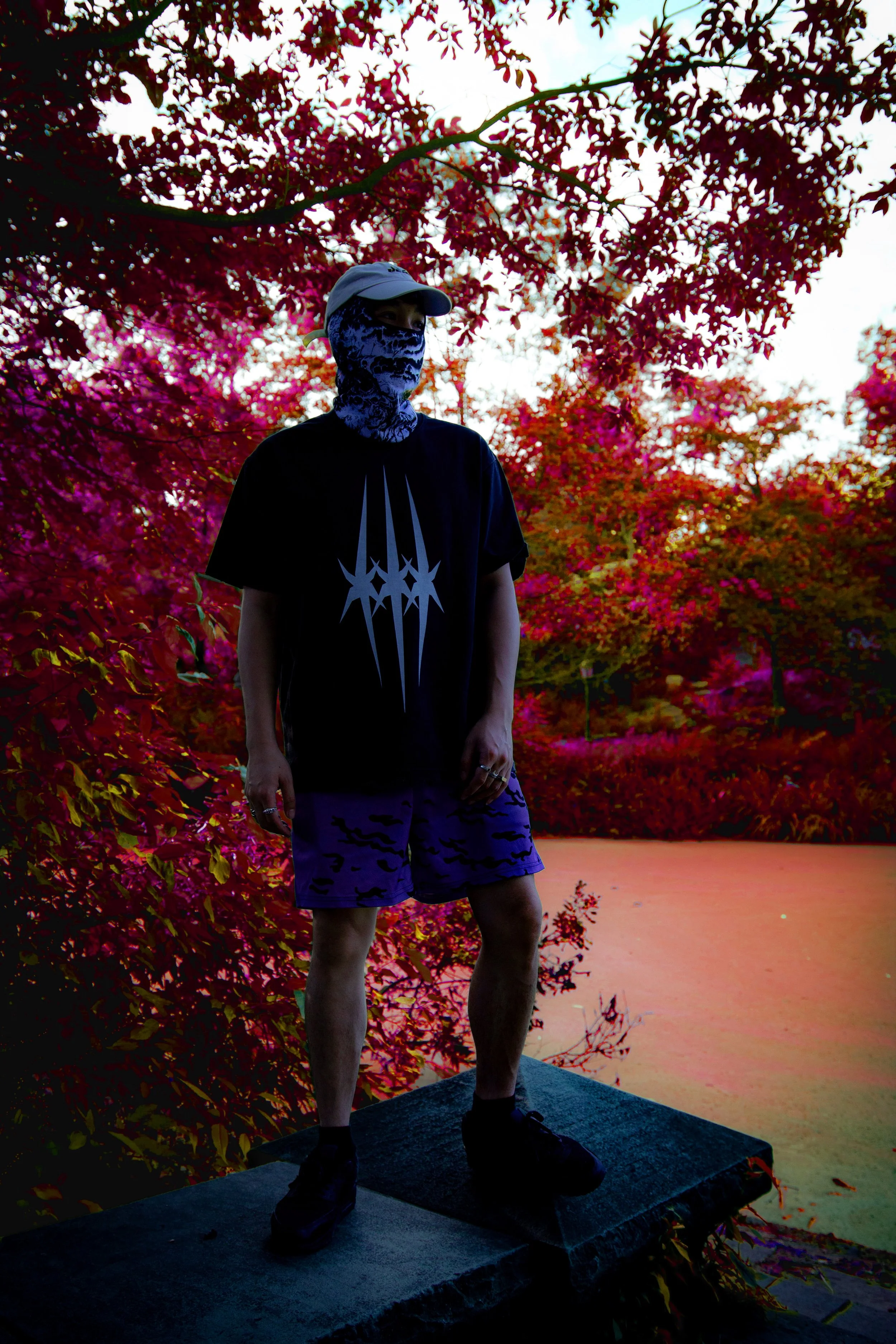 Person standing on a rock ledge near a pond, wearing a black t-shirt with a white graphic design, purple camouflage shorts, black sneakers, a blue patterned neck gaiter, a gray baseball cap, surrounded by red and pink leafy trees and water.