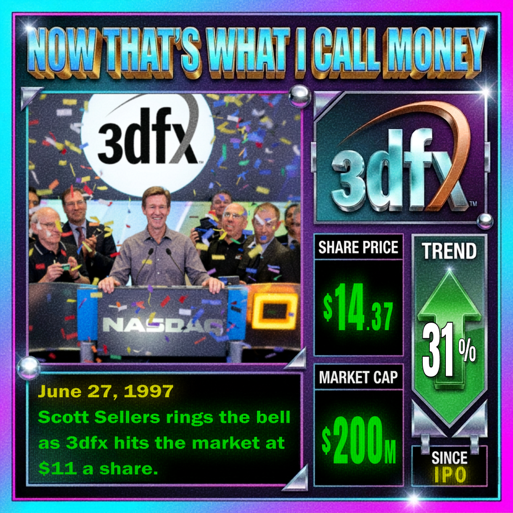 Scott Sellers rings the bell as 3dfx hits the market at $11 a share.
