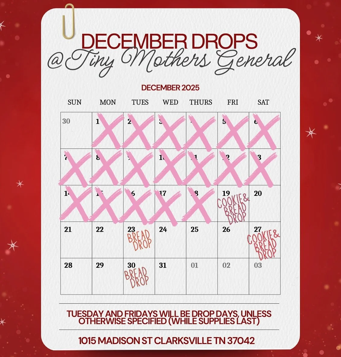 Checkout our @tinymothersgeneralstore drops for the rest of December! Stop in to 1015 Madison St Clarksville, TN 37042 weekly for bread and cookies! Preorder on our website for our extended menu and pickup off of Exit 1!