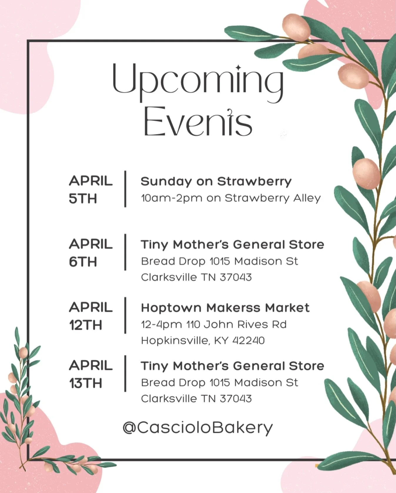 Spring is officially booked 🌿✨
Catch us popping up around town with fresh sourdough, pastries, and all the good stuff 🤍

Save the dates, bring a friend, and come early so you don&rsquo;t miss out!!

We can&rsquo;t wait to see you there 🥖💫

#Clark