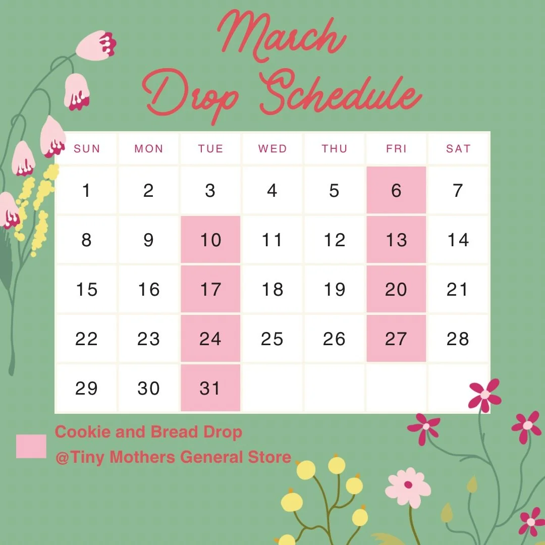 Checkout our March schedule for Bread and Cookie drops! This month, we are featuring new cookies including Ube White Chocolate Chip cookie, Cinnamon Oatmeal cookie and Pistachio cookie! 🍀🤍 Stop by @tinymothersgeneralstore while supplies last.