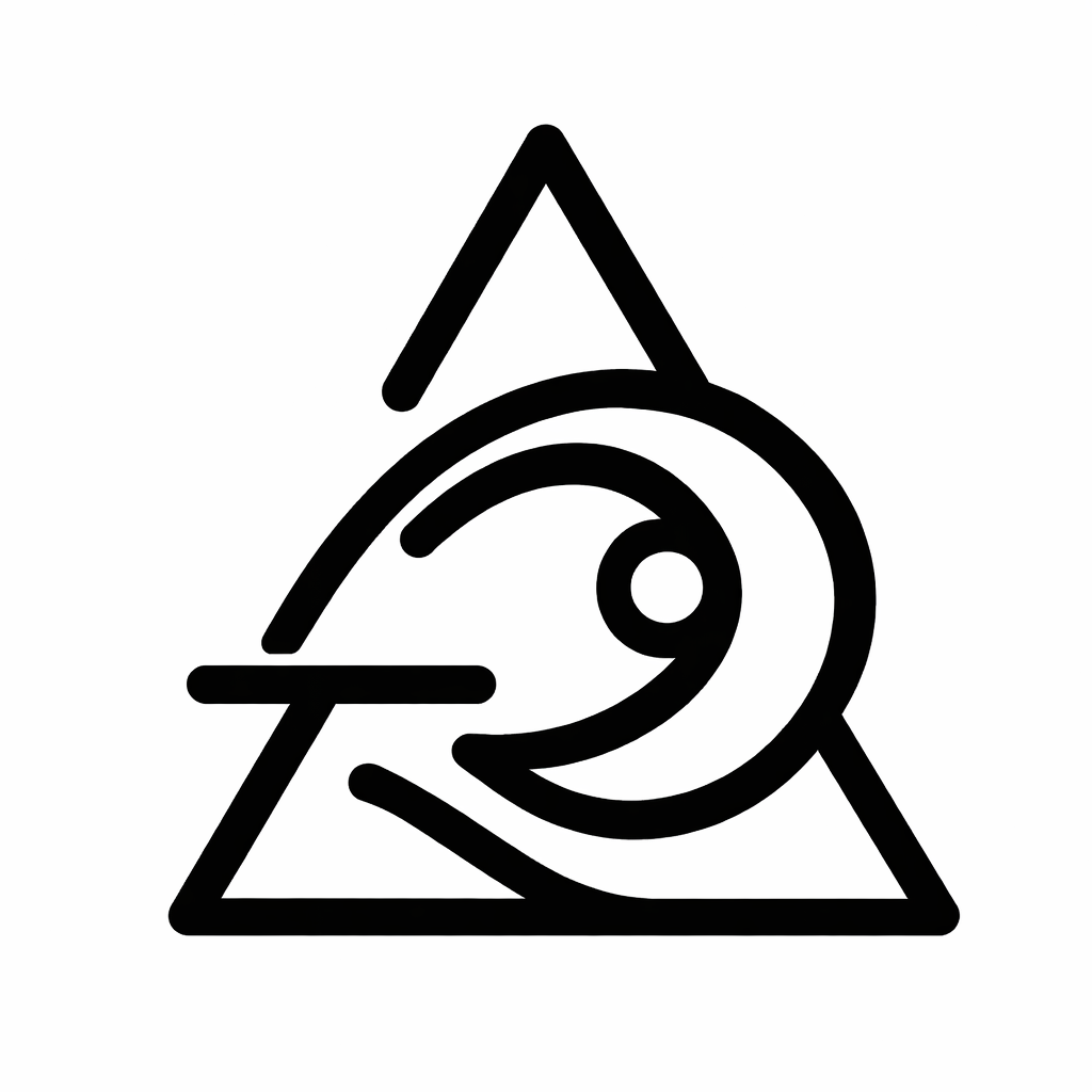 A black and white line art illustration combining a triangle, a crescent moon, and a circle in a geometric abstract design.