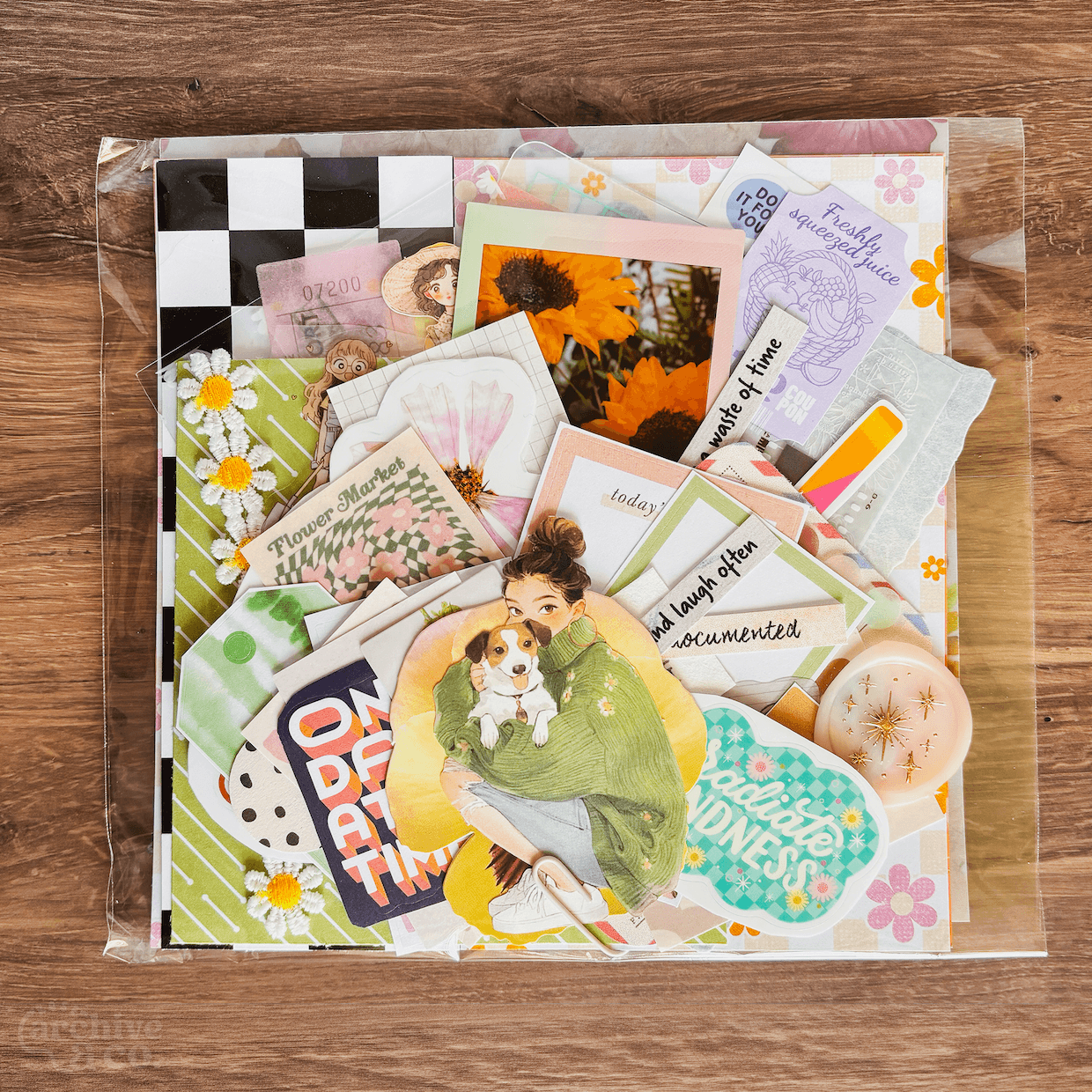 cozy self-care junk journal ephemera with soft botanical images, decorative papers, illustrations, stickers, photographs, and handmade details