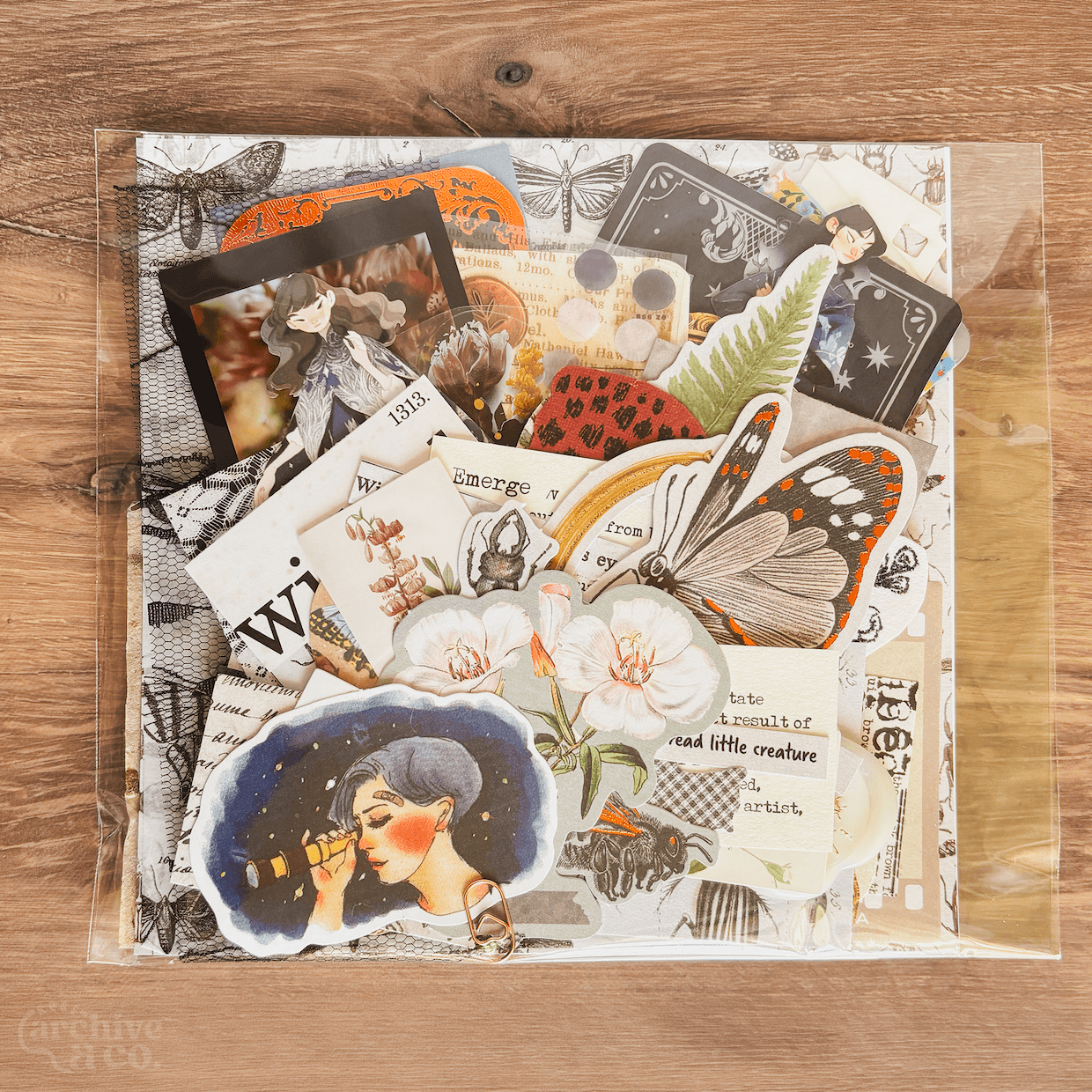 packaged 50-piece junk journal kit filled with layered paper ephemera, stickers, photographs, decorative papers, and journaling supplies