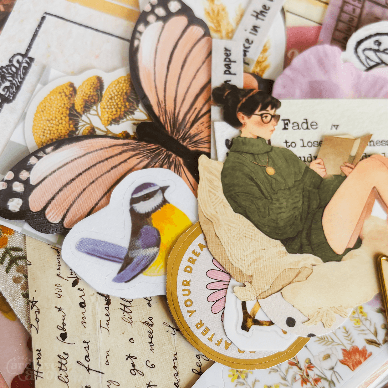 cozy self-care junk journal ephemera with soft botanical images, decorative papers, illustrations, stickers, photographs, and handmade details