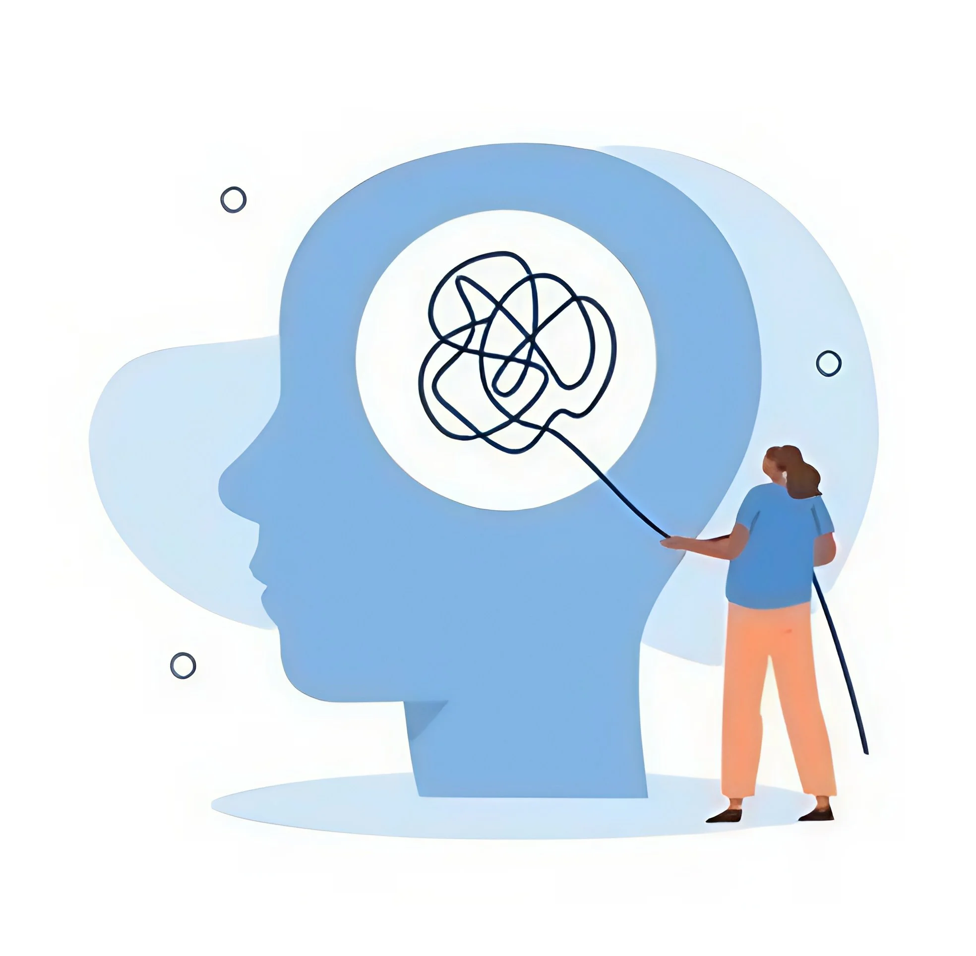 Illustration of a person pointing a stick at a large blue head silhouette, with a tangled line inside the head representing complex thoughts or mental chaos.