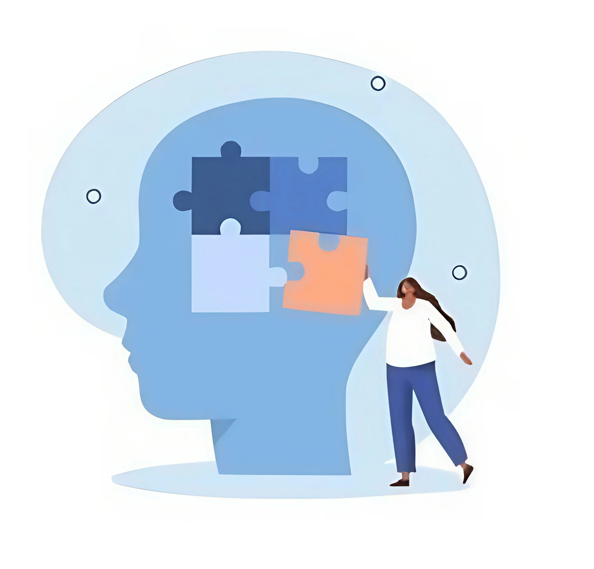 A woman arranging puzzle pieces inside a large blue human head silhouette, symbolizing mental health or cognitive processes.