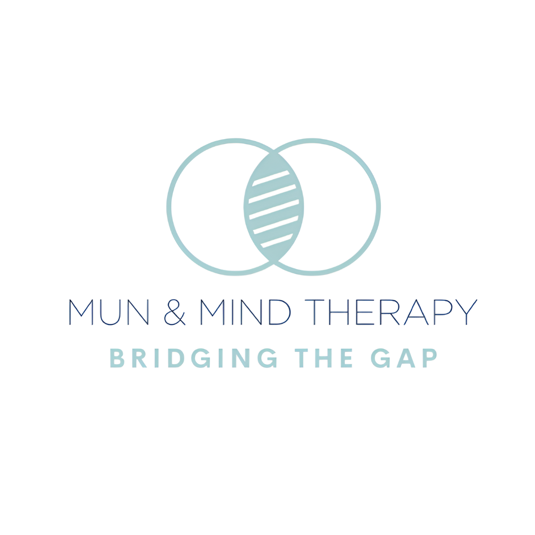 Logo with two overlapping circles and horizontal lines in the center, with the words "Mun & Mind Therapy" and the tagline "Bridging the Gap" below.