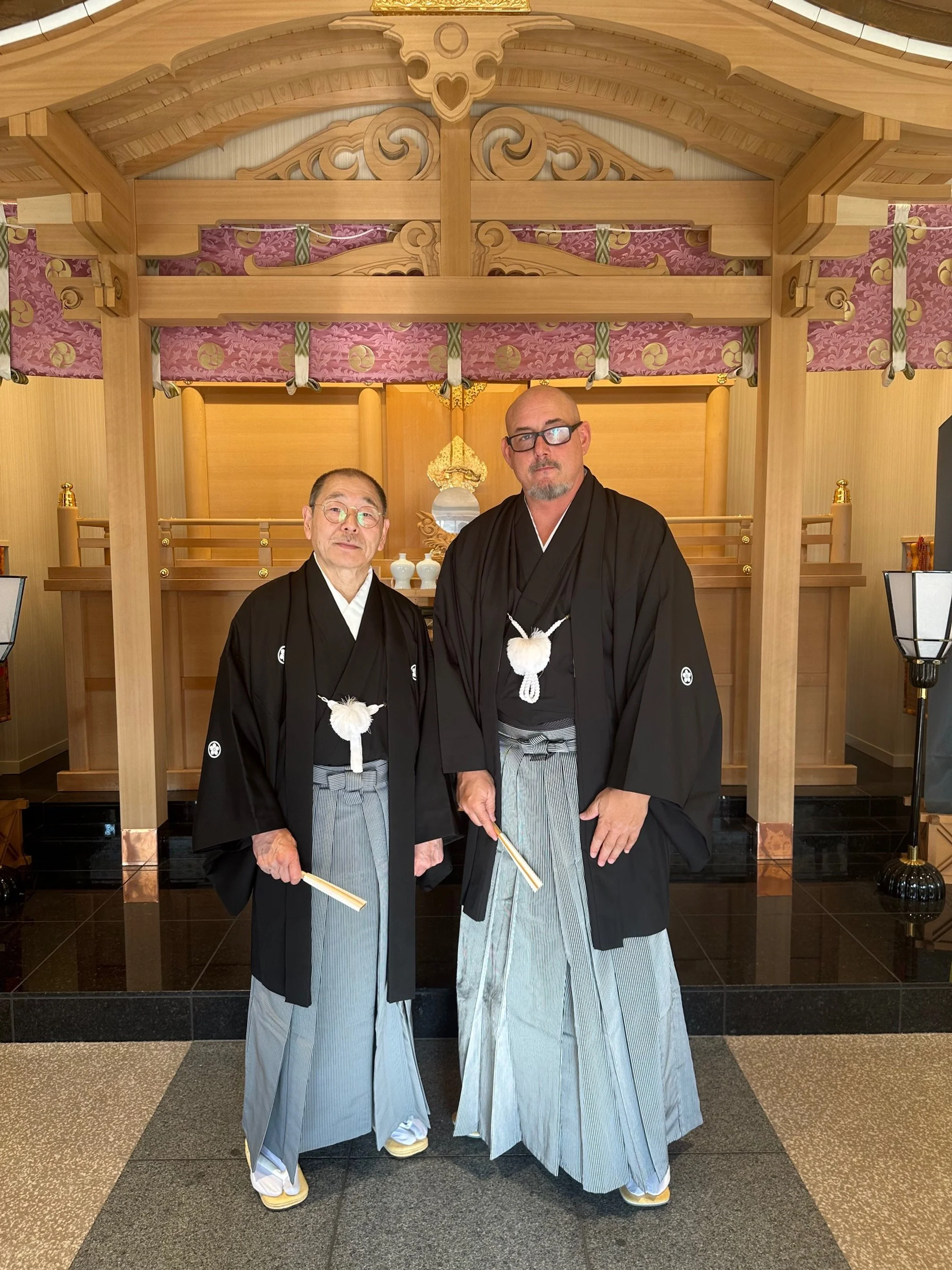 Soke Irie and Michael Seamark Hanshi at the Shrine in Omiya Japan for a KoKoDo JuJutsu and Goshin-jitsu taikai