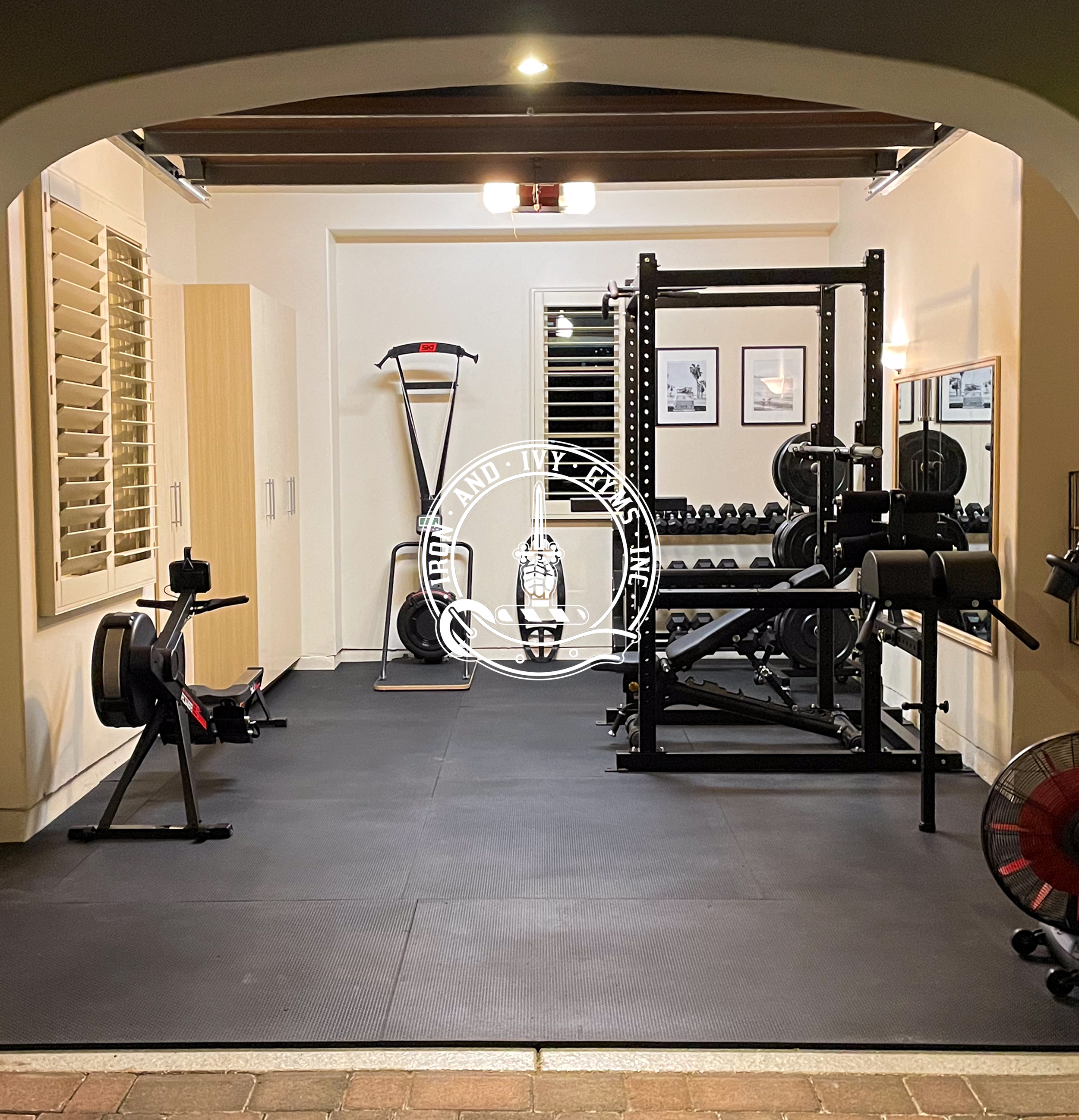 Home gym with various workout equipment including a rowing machine, squatting station, dumbbell rack, and wall-mounted cabinet.