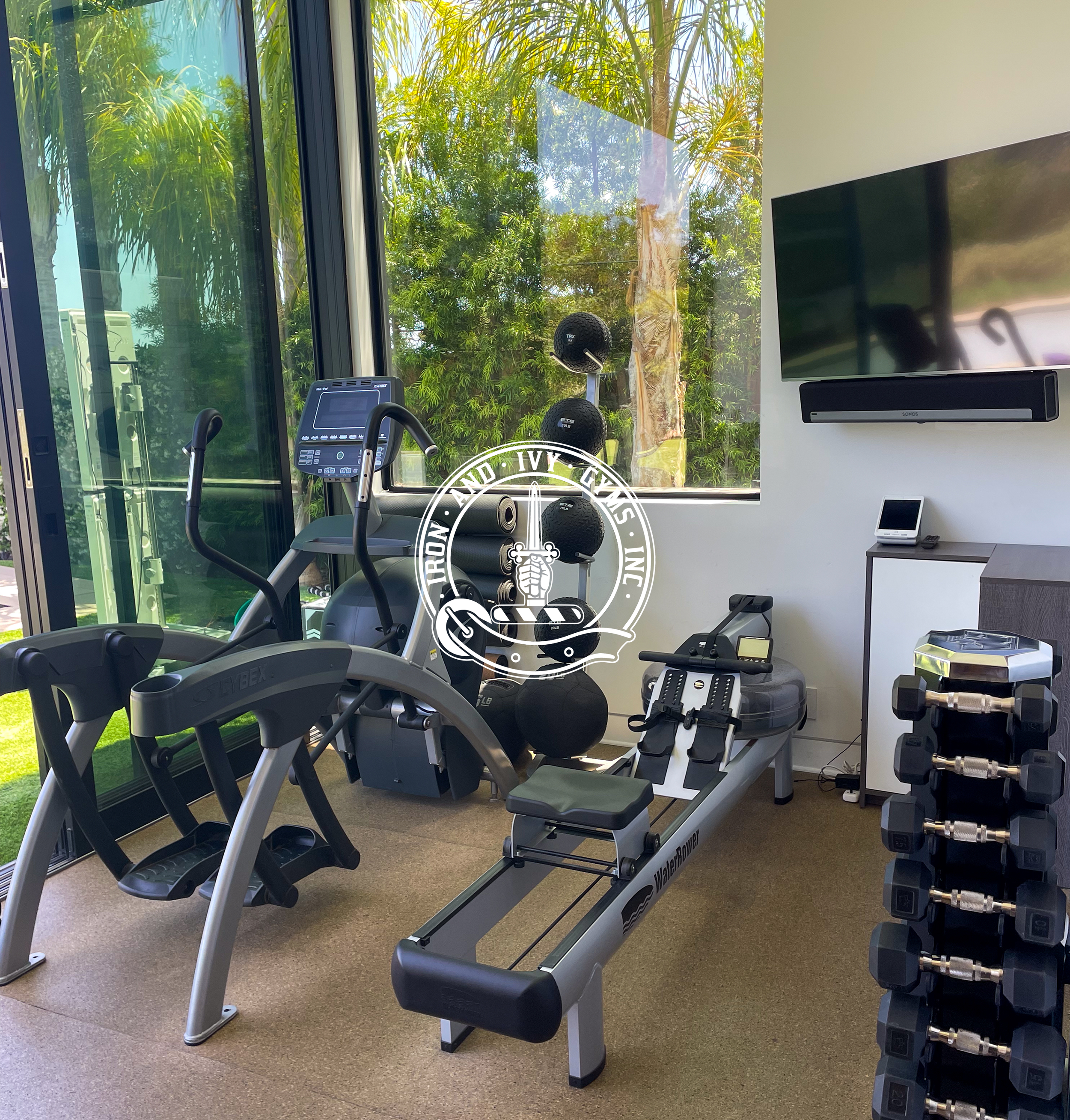 Home gym with exercise equipment including an elliptical machine, rowing machine, dumbbell rack, and medicine balls near a large window with green trees outside.
