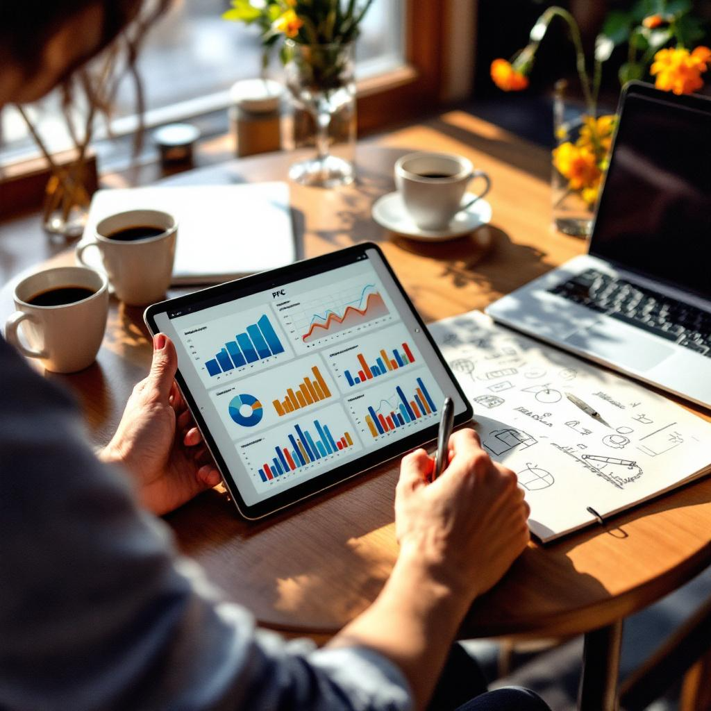 Person analyzing business graphs and charts on a tablet during a work meeting, with a laptop, coffee cups, notepad, and flowers on the table.