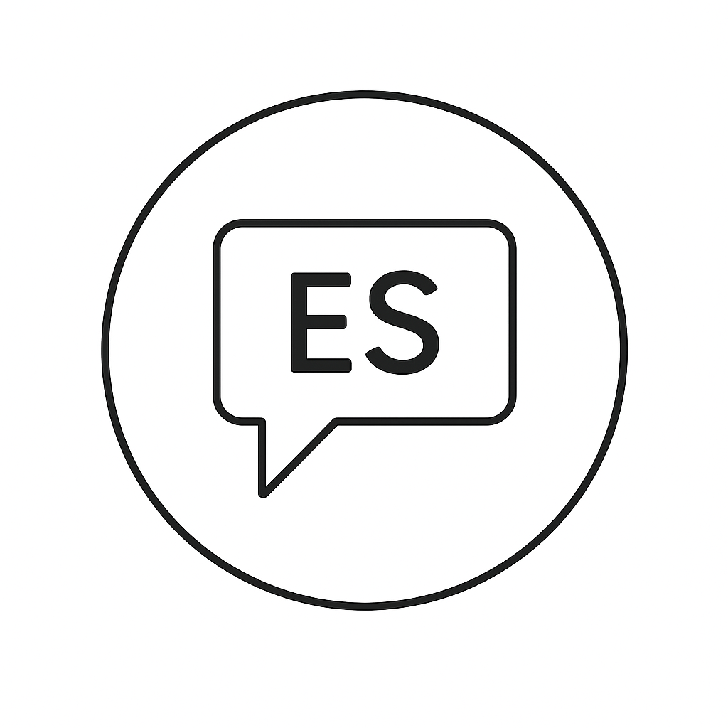 Black outline icon of a speech bubble with the letters 'ES' inside, enclosed in a circle.